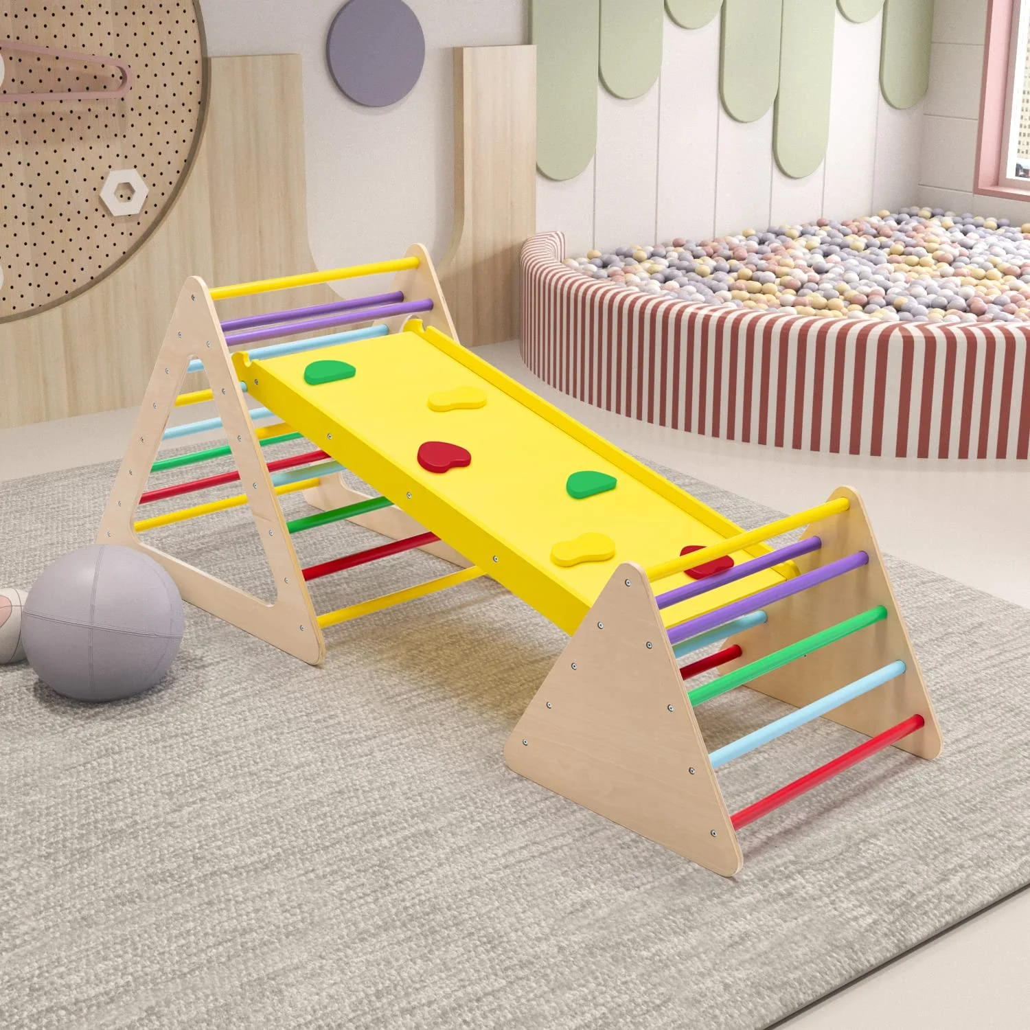 YOUB 3 in 1 Triangle Climber with Ramp Wooden Toddler Climbing Triangle Toys for Sliding and Climbing, 3-Piece Set Play Equipment for Kids Boys Girls Toddler Gym Play Set