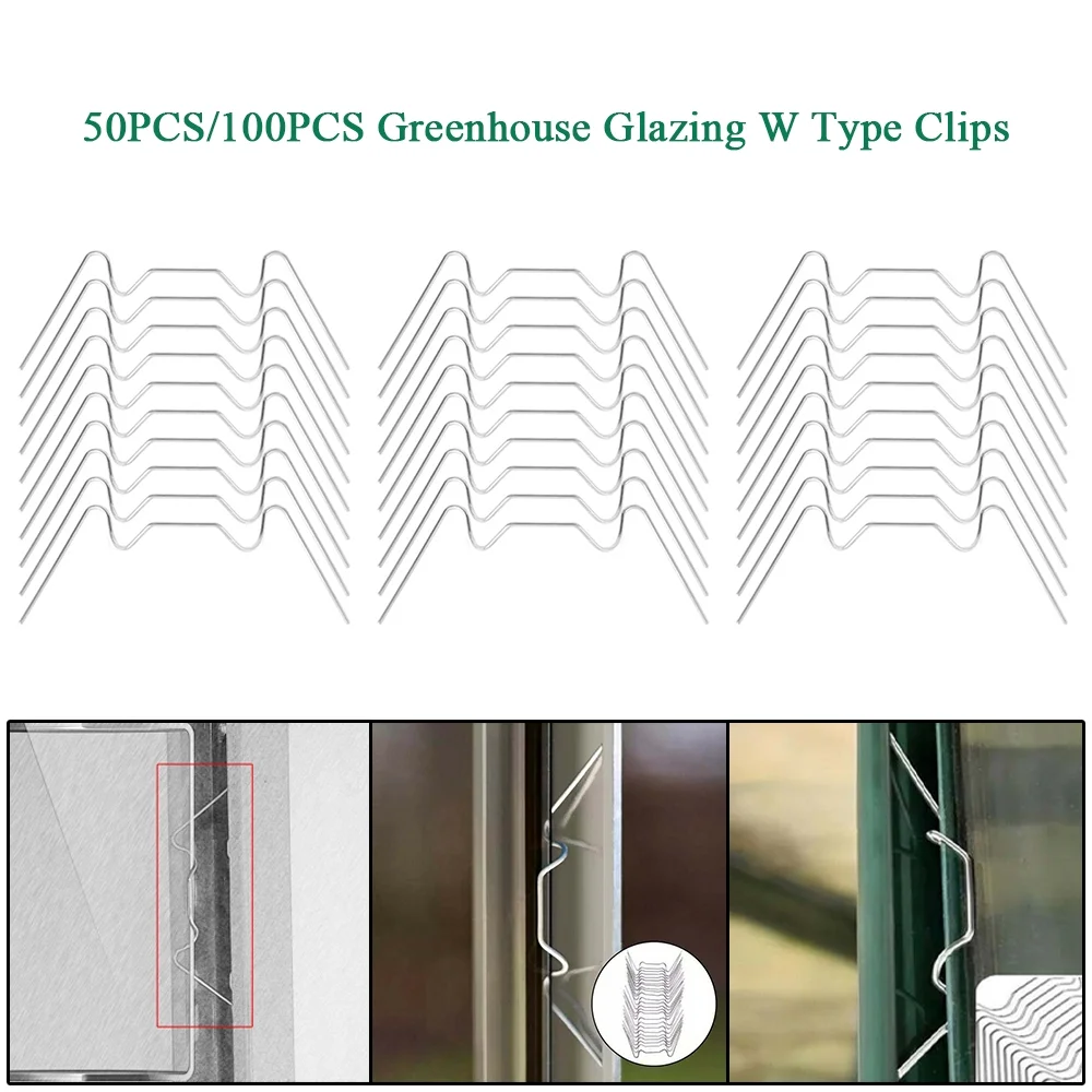 ALLTIMES 50/100PCS Greenhouse Glazing W Type Clips, Stainless Steel, for Strengthen Greenhouses Glass Panes