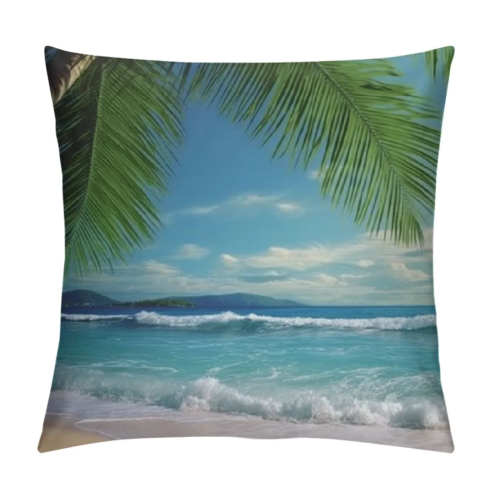 COMIO  Throw Pillow Cover Tropical Beach Palm Tree Leaves Sandy Caribbean Coastline Ocean Sea Waves Scene Decor Lumbar Pillow Case Cushion for Sofa Couch Bed Standard Queen