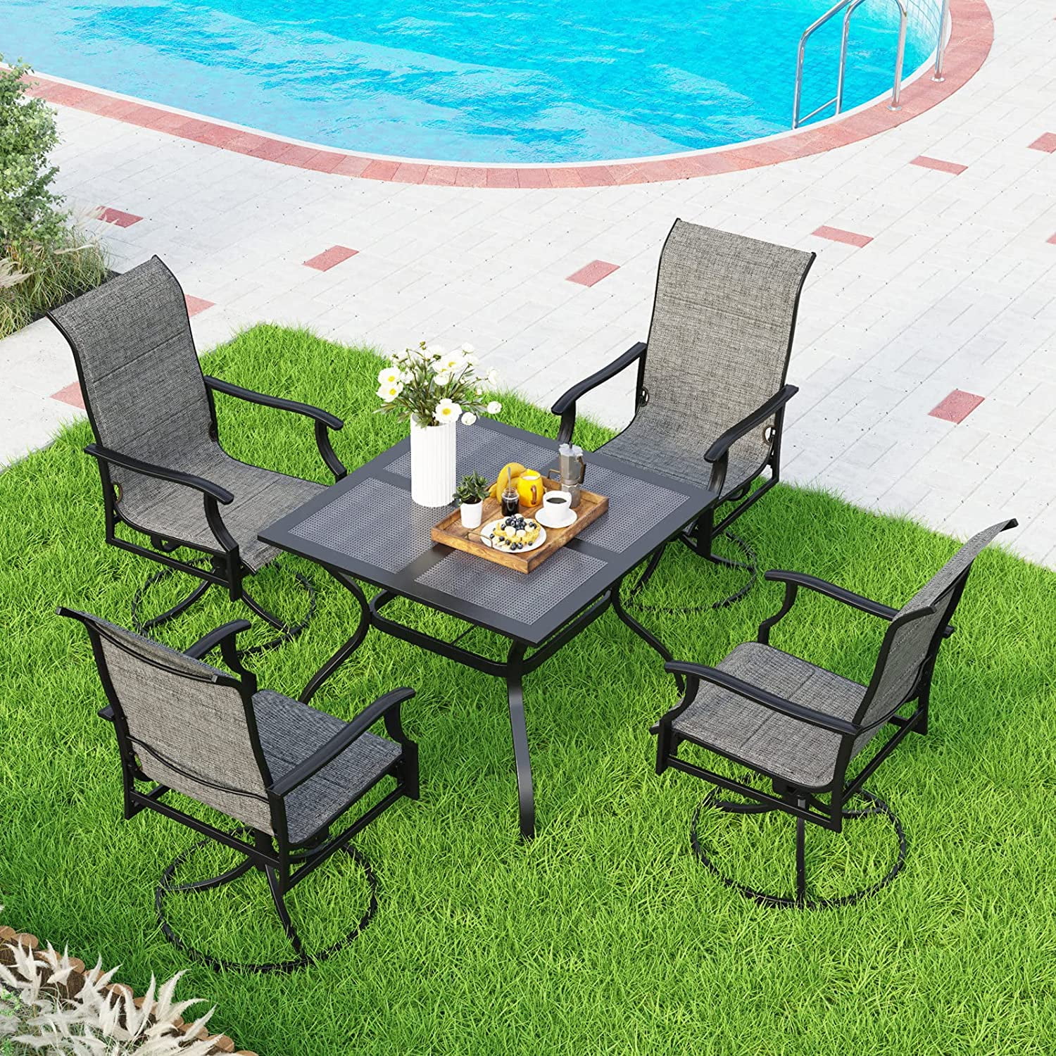 5 Pieces Patio Dining Set  Square Black Metal Mesh Table with 4 Padded Textilene High Back Swivel Chairs  Outdoor Furniture Set with Umbrella Hole for Garden  Poolside  Backyard  Porch