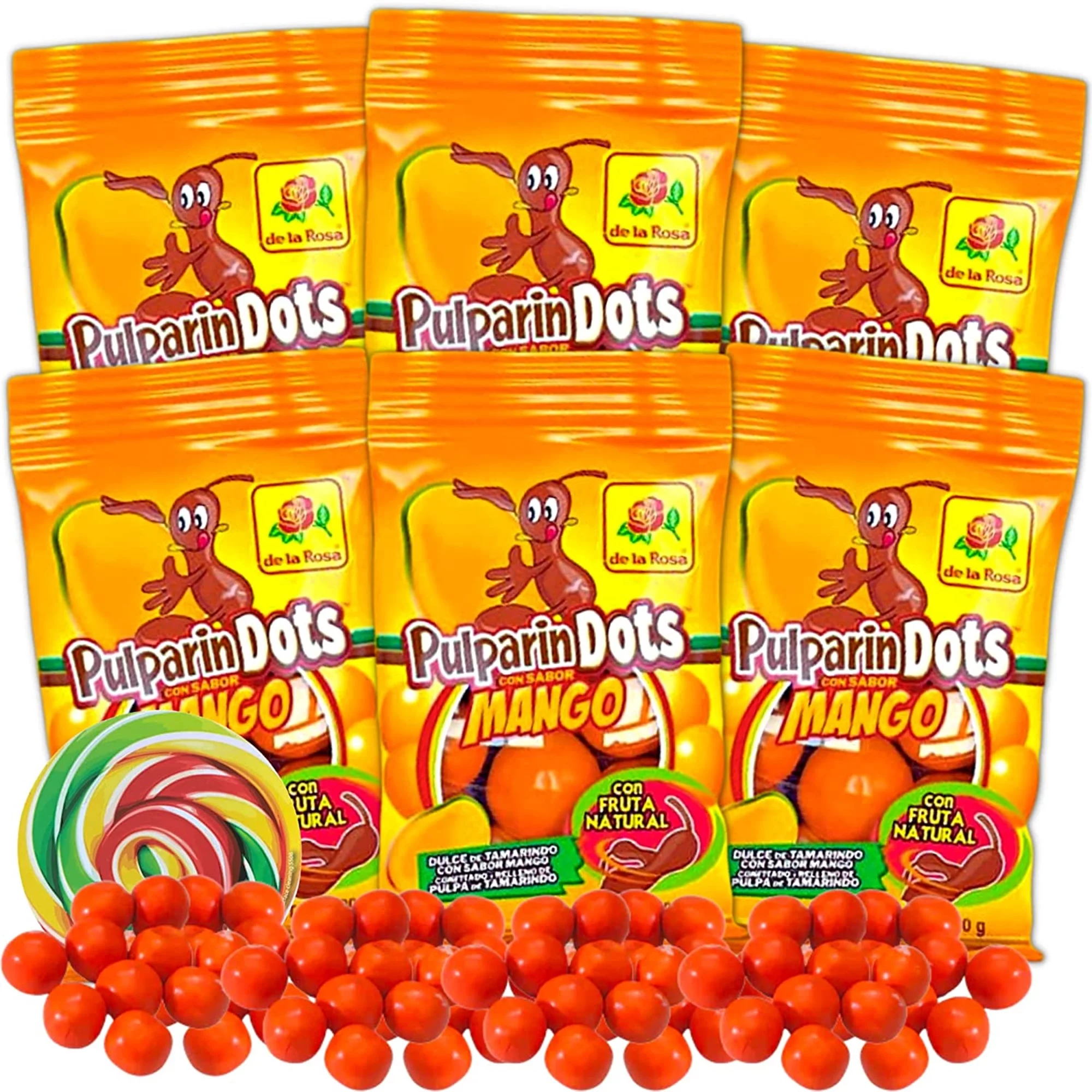 Spicy Mango Pulparindo Mexican Candy Bite Size Hard Shell with Tamarind Pulp Soft Center, Individual Single Serving On the Go Bags, Hispanic Candies Goody Bag Fillers, Pack of 6