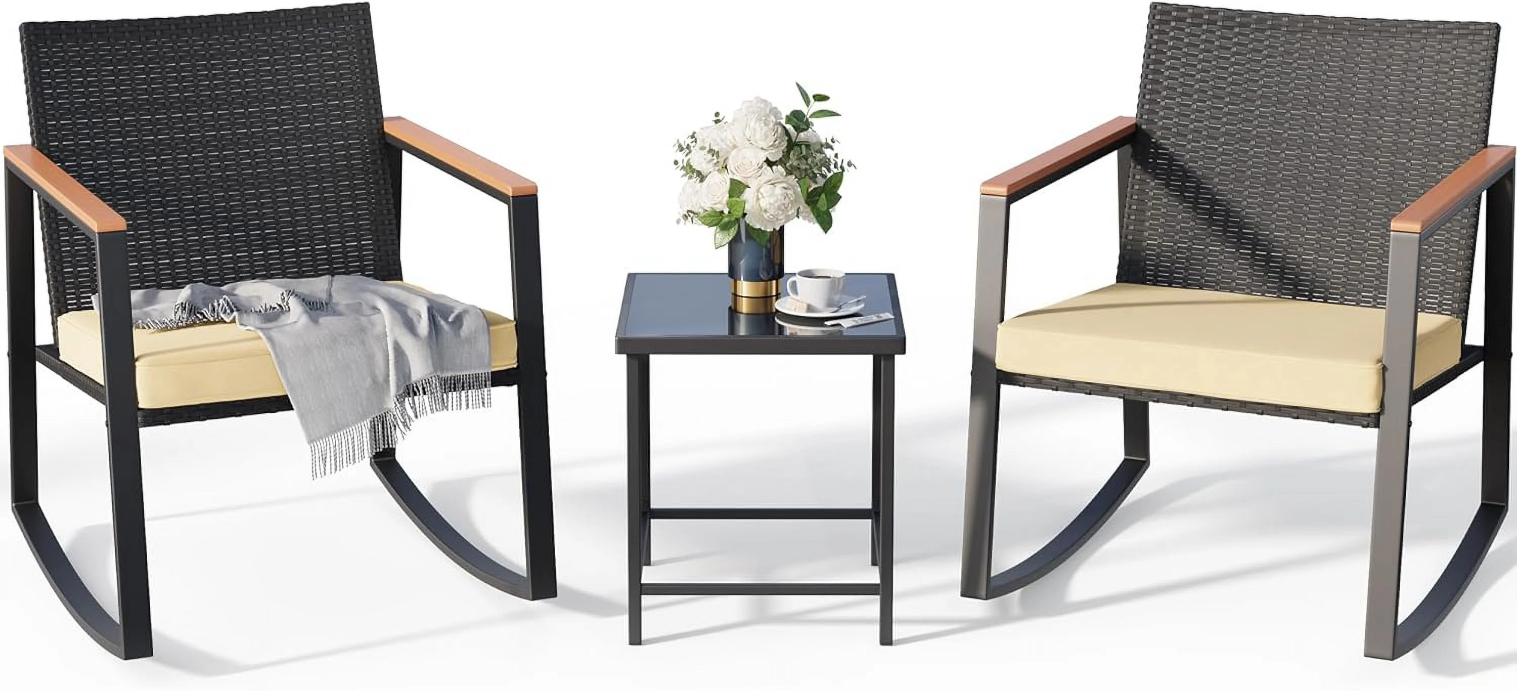 Rattan Rocking Chair Beige 2 Seats Outdoor Patio Furniture Cushioned Armrests