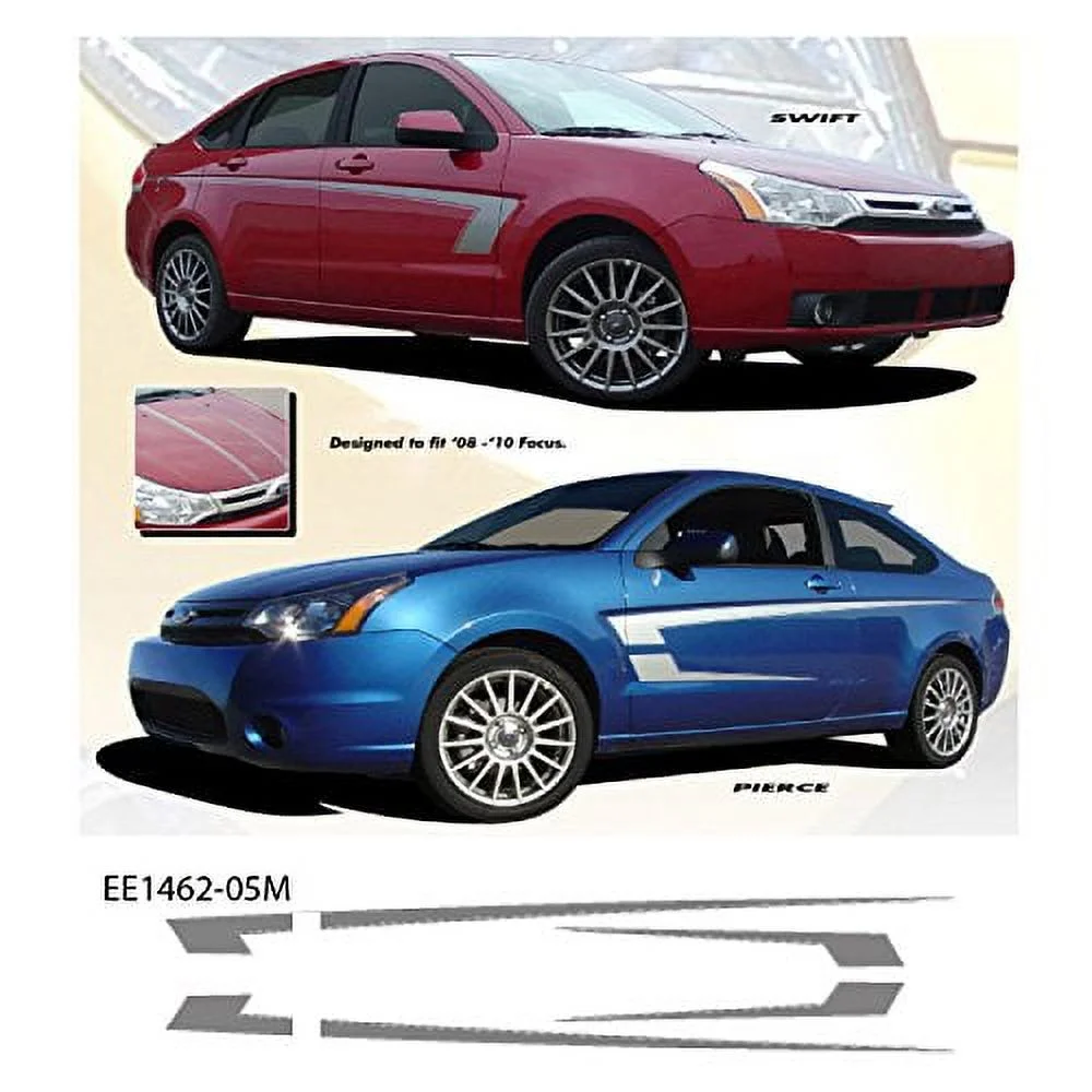 CarBeyondStore, Compatible with - Ford Focus 2008 to 2010 Silver Pierce Stripe Vinyl Graphics Kit