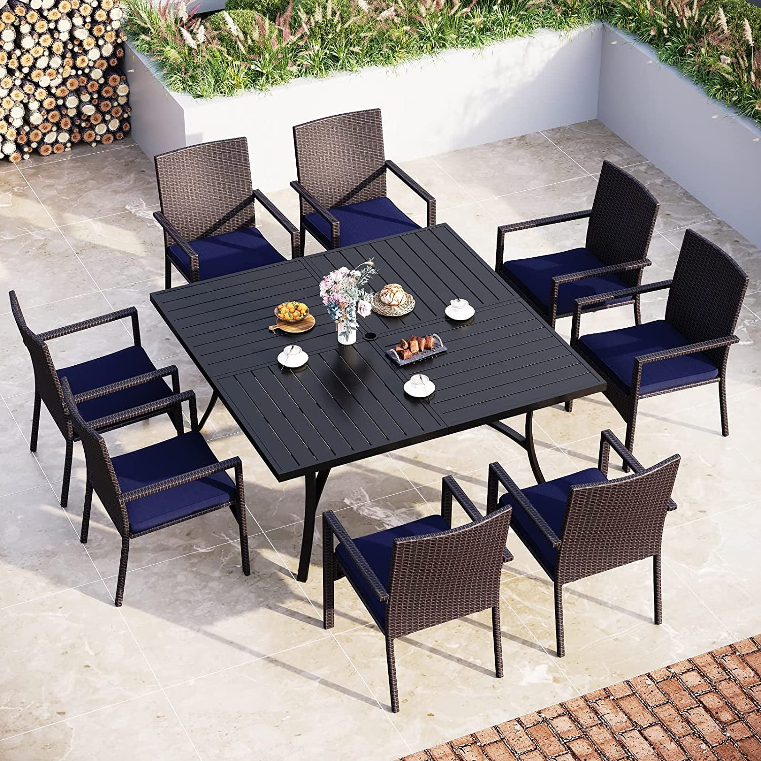 & William Outdoor Patio 7 Pieces Dining Set with 6 PE Rattan Chairs and 1 Rectangle Expandable Metal Table  Modern Outdoor Furniture with Seat Cushions for Poolside  Porch  Patio  Bal