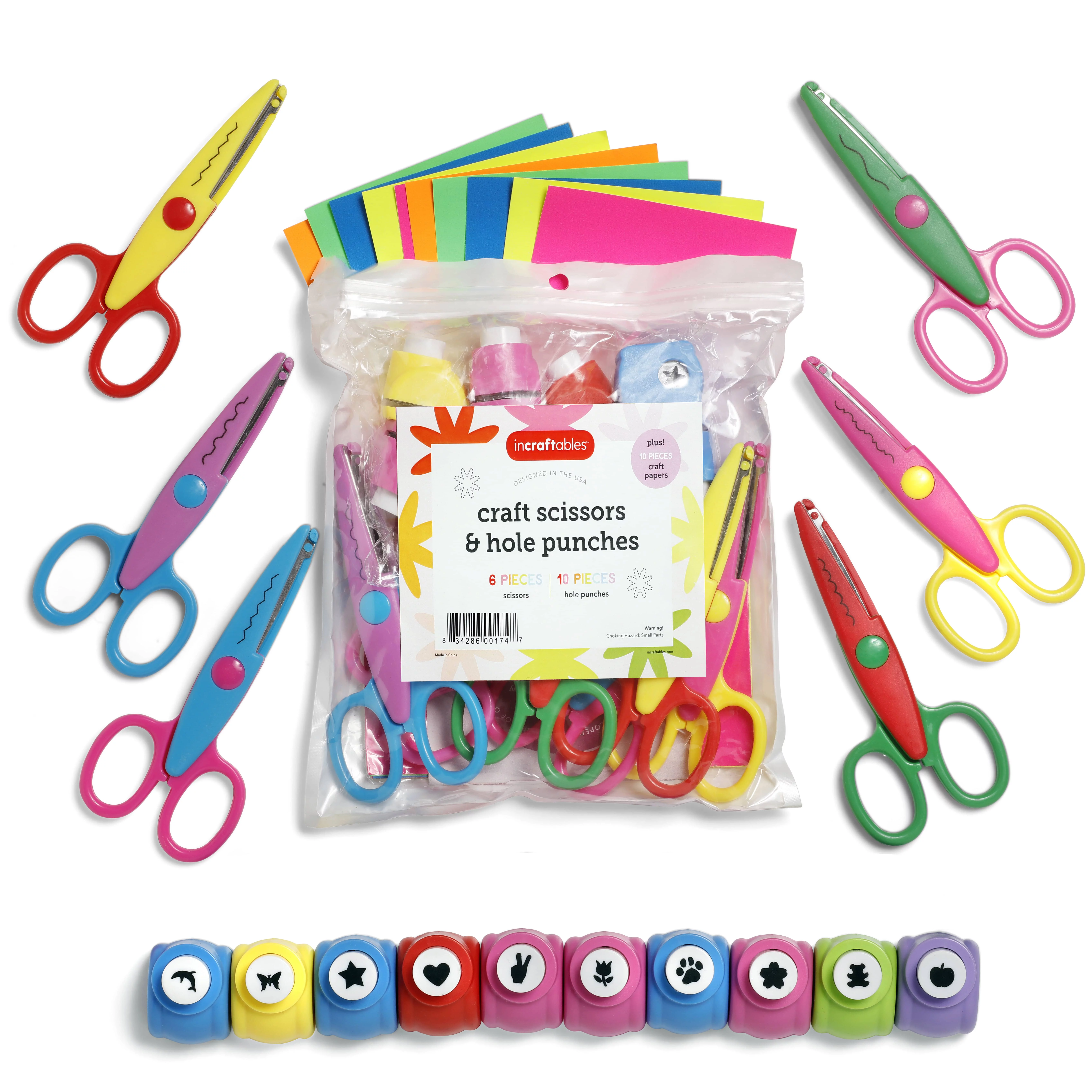 Incraftables Decorative Edge Craft Pattern Scissors 6pcs W/ Paper Hole Punches 10pcs & Craft Papers