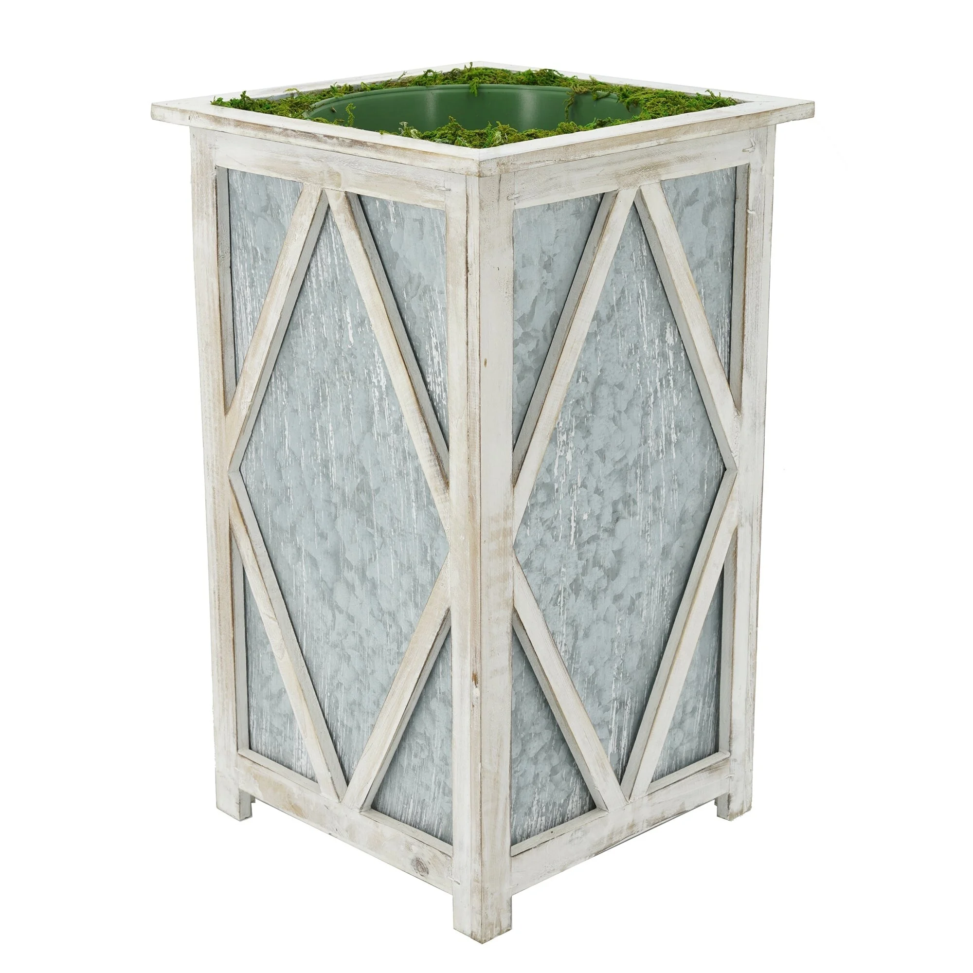 Large Tall Diamond Wood/Metal Planter Pot-in-a-Pot White