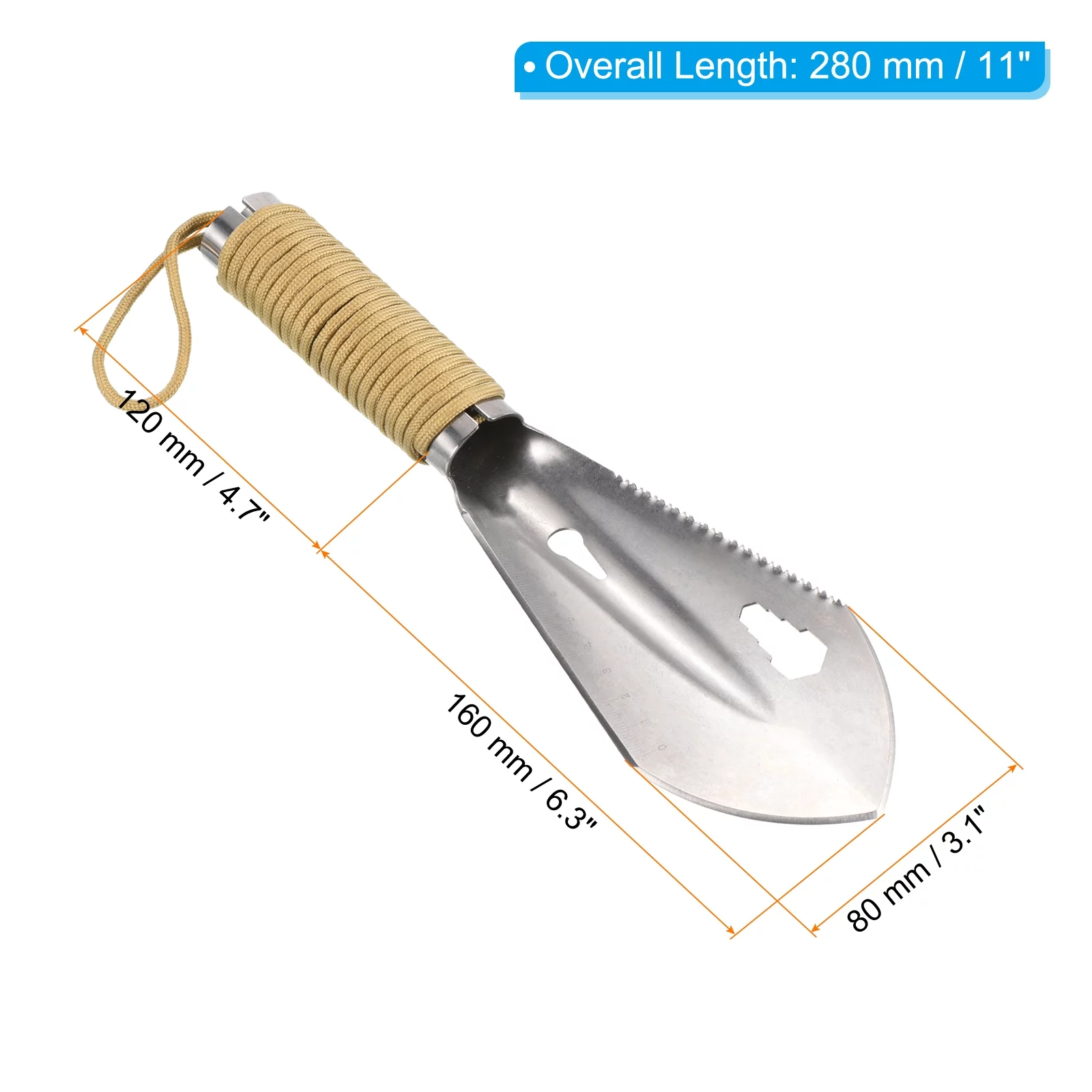 Uxcell Hiking Trowel Backpacking Trowel Camping Shovel MultiPurpose Tool with Carrying Bag Silver Tone Brown