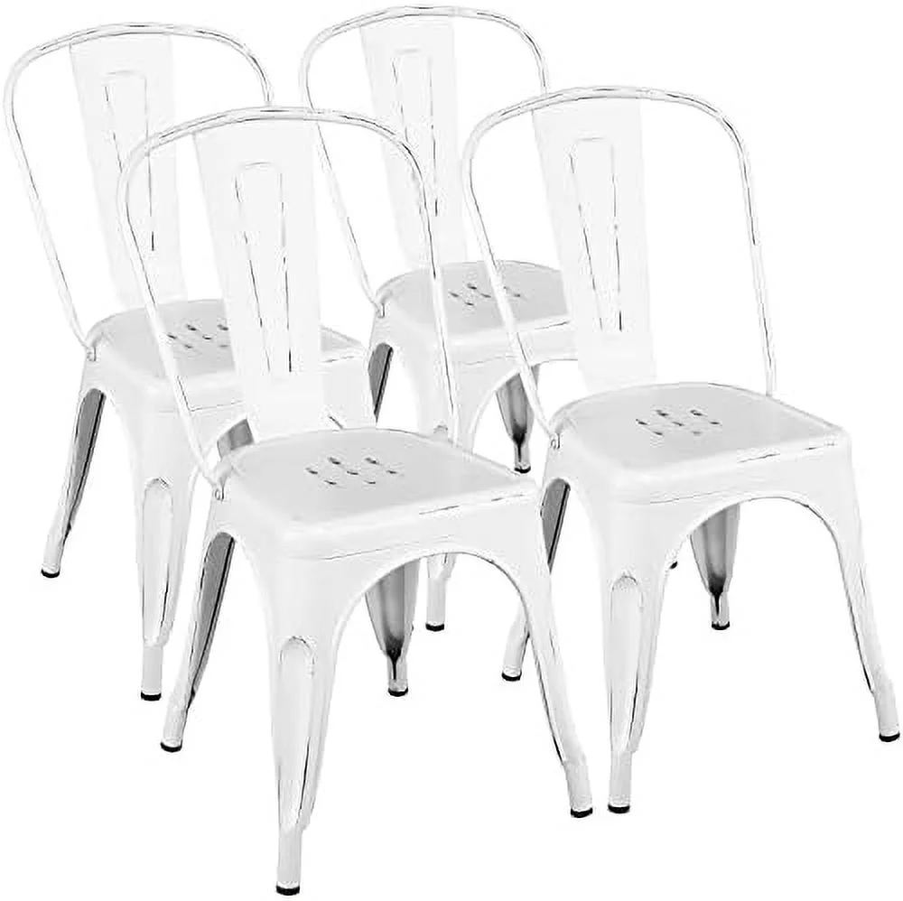 ASDRFYU Metal Kitchen Dining Chairs Indoor-Outdoor Distressed Style Stackable Side Coffee Chairs in Distressed White  Set of 4
