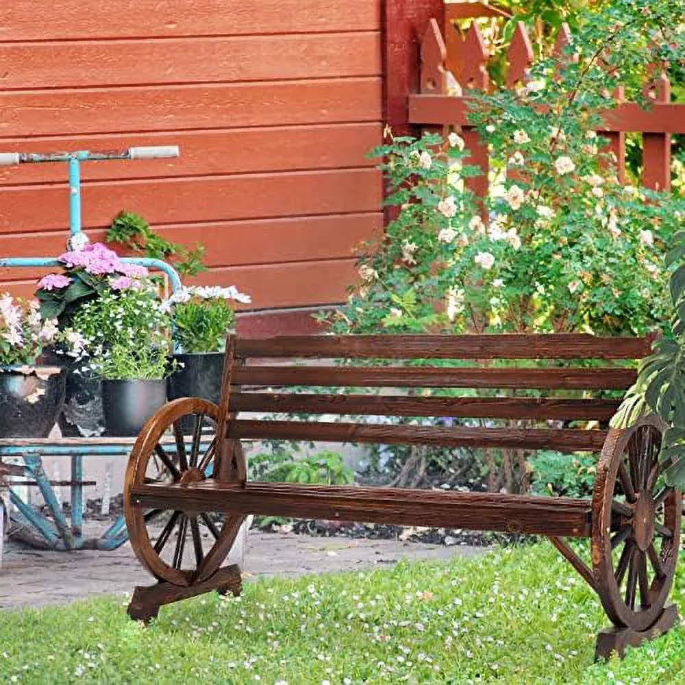 MQLIFEBOOM Rustic Wooden Wheel Bench  41" 2-Person Wagon Slatted Seat  Outdoor Patio   350lbs High Capacity  Weather Resistance