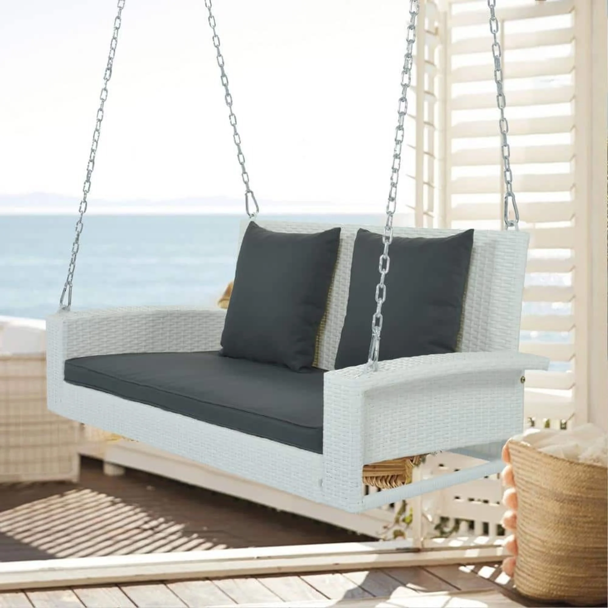 HQZX Two-Position Wicker Hanging Porch Swing with Chains and Pillows; Sturdy and durable for use on patios and gardens. Multi-color wicker optional