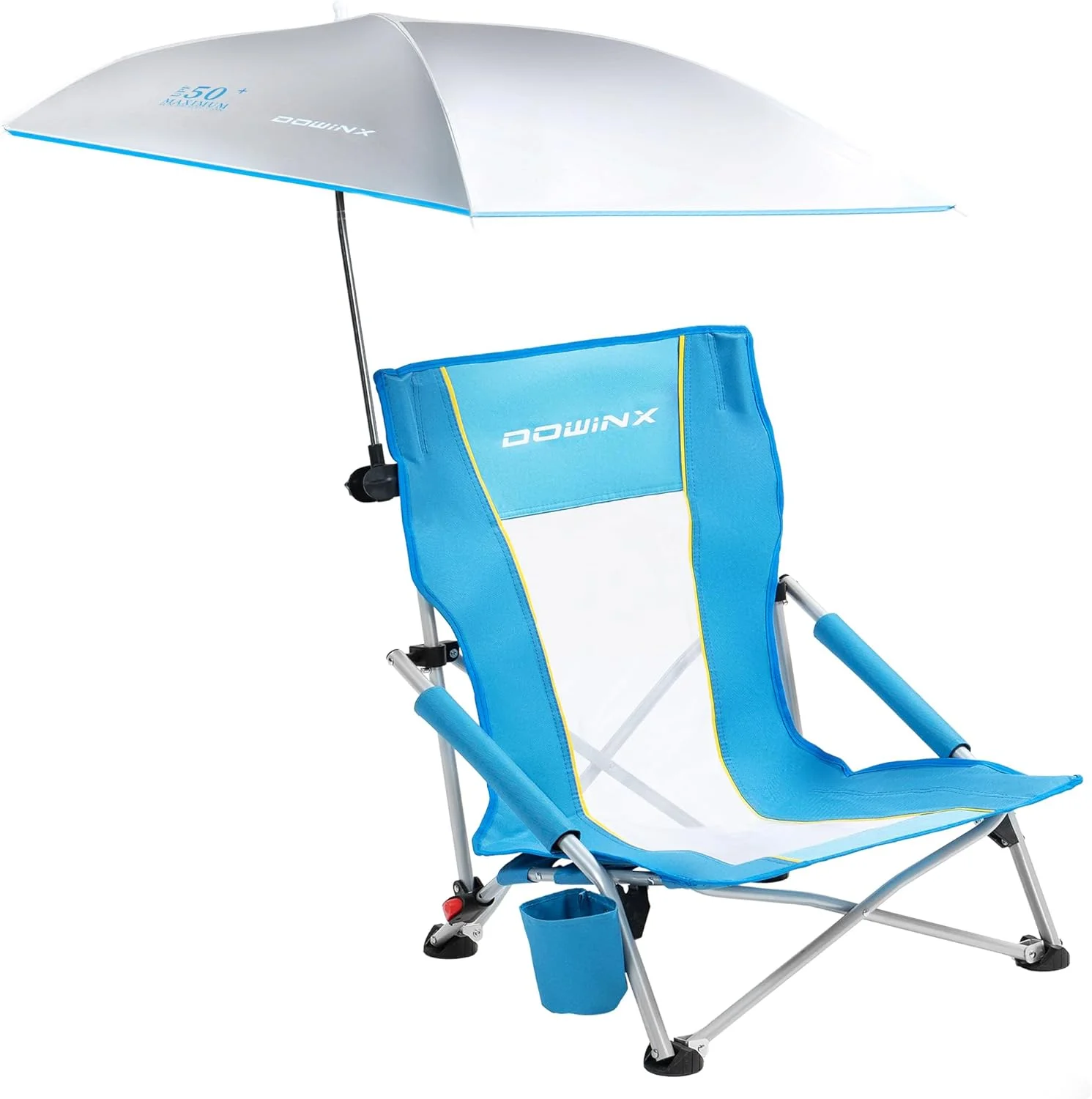 Dowinx Beach Chair with Adjustable Umbrella, Portable Low Camping Chair for Adults, High Back Lightweight Lawn Chair with Holdcup, UPF 50+ Blue Yellow