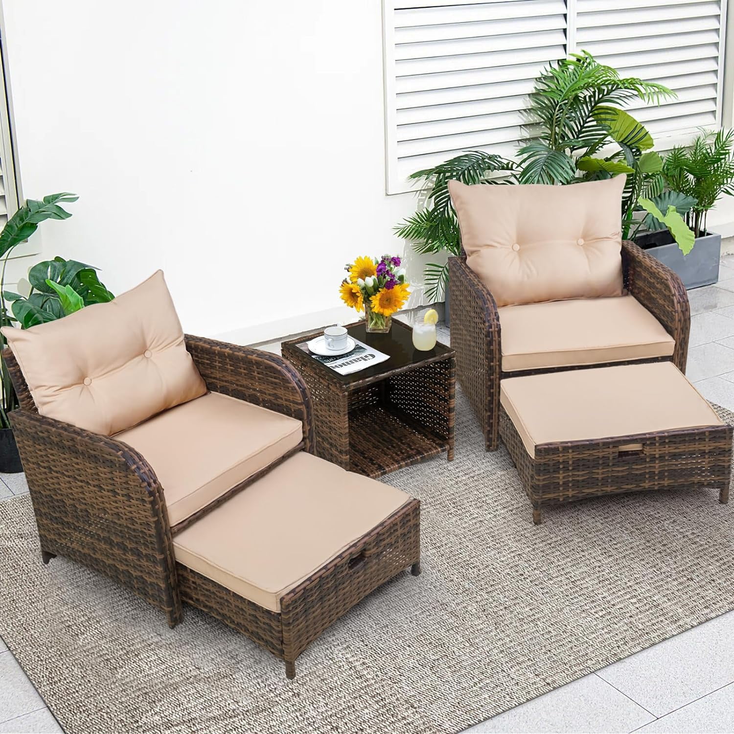 Dina 5 Pieces Wicker Outdoor Patio Chairs with Ottoman  PE Wicker Rattan Patio Conversation Furniture Set with Underneath Footrest  Wicker Outdoor Patio Chairs and Ottoman Set with Table