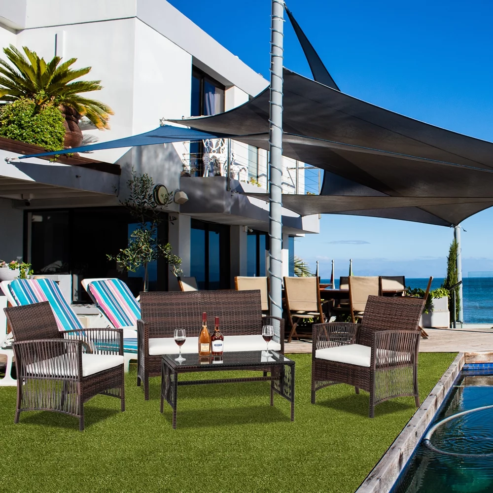 BAYUELSWU Patio Furniture Set 4 Piece Conversation Set, Outdoor Wicker Rattan Chairs Lawn Backyard Pool Garden Porch Balcony Patio Loveseat with Cushions and Table (Brown)