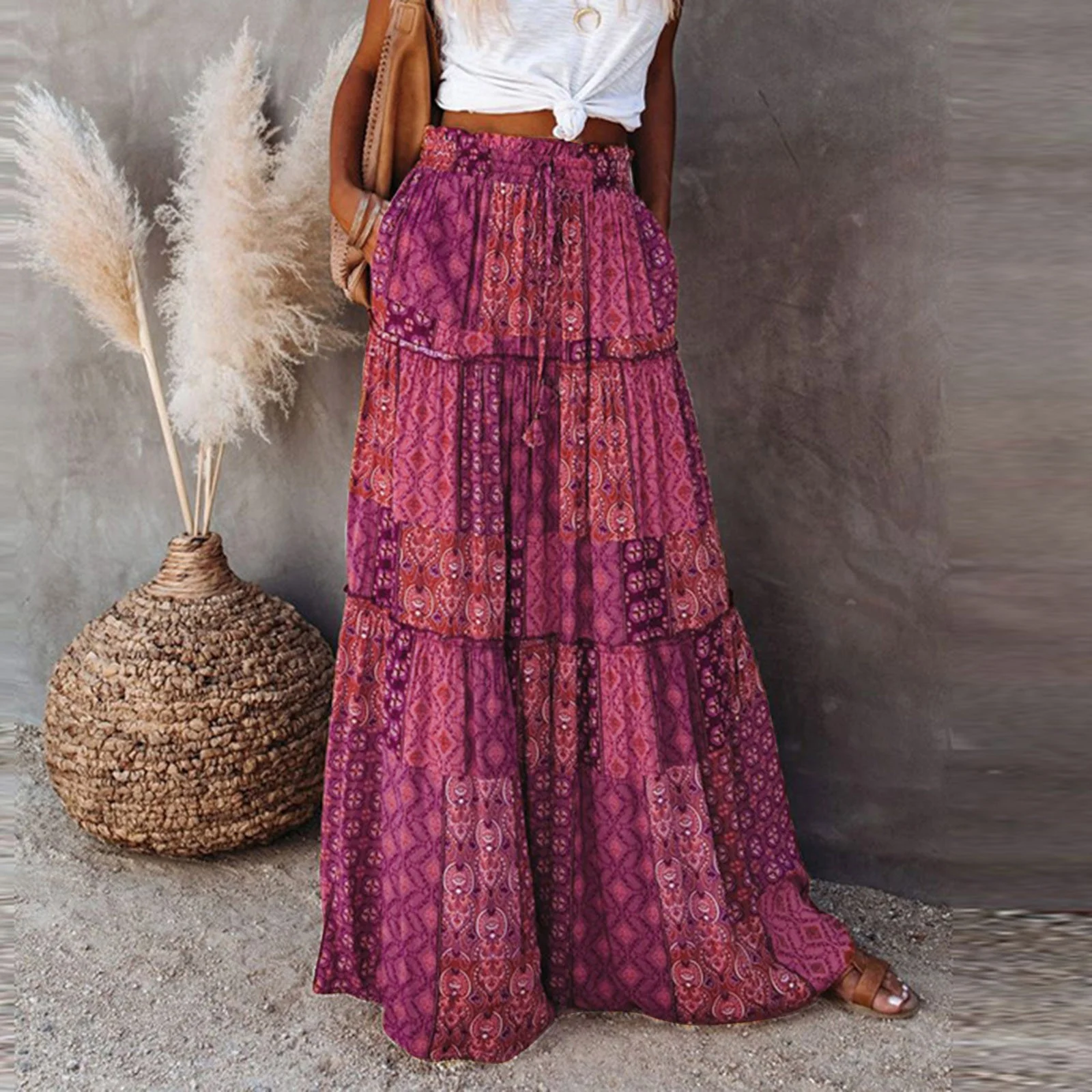 Summer Jean Skirt Womens Loose Long Boho Flowers High Elastic Waist With Pockets And Belt Maxi Skirt Pleated Skirt Beach Skirt Casual Skirt Skirt Sets Women Outfits Plus Size