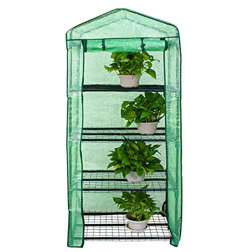 4-Tier Mini Greenhouse Portable Plant Flower Shelf Tent w/PE Cover Roll-Up Zipper Door for Lawn Patio Garden Indoor Outdoors