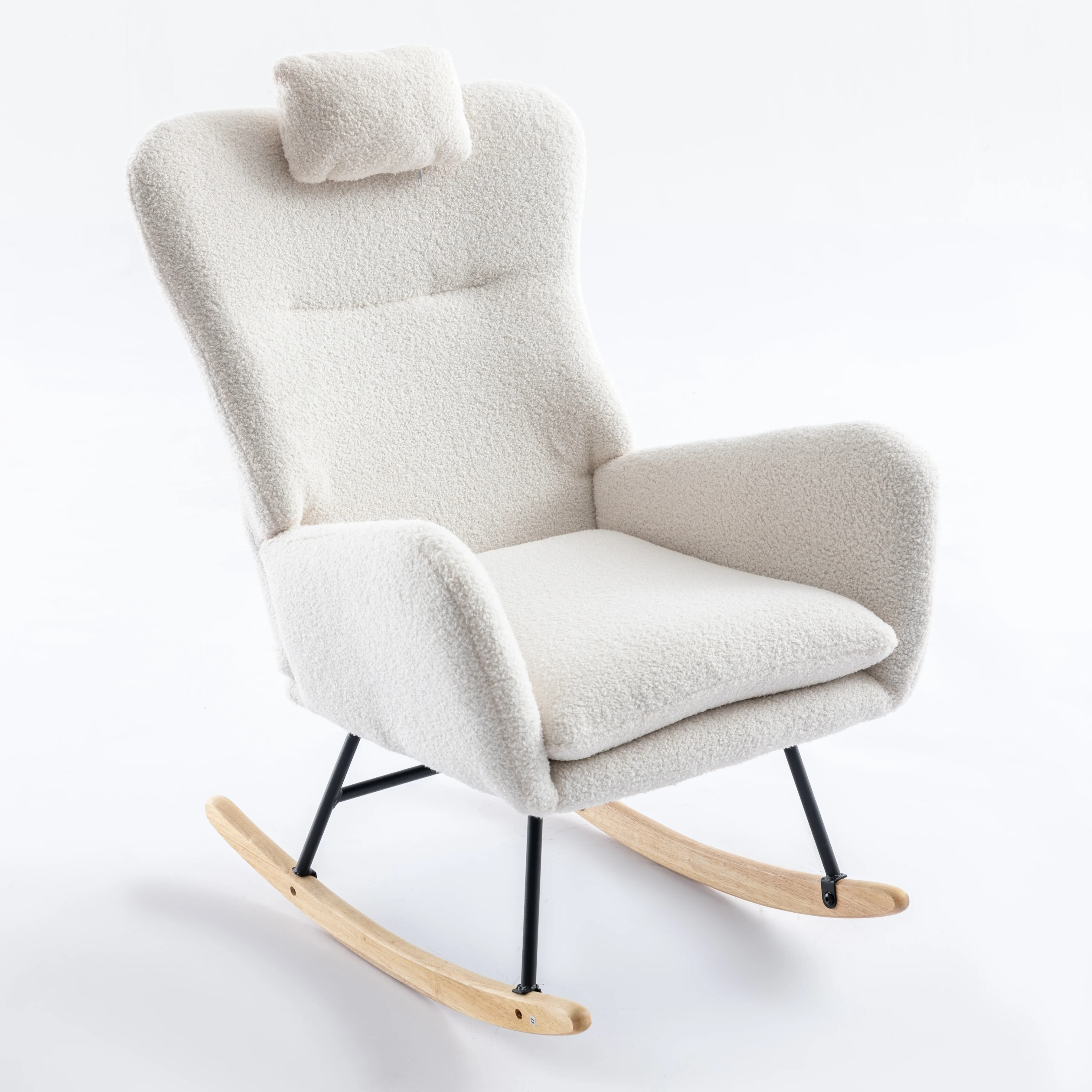 Homiyad 35.5 Inch Rocking Chair, Soft Teddy Velvet Fabric Rocking Chair for Nursery, Comfy Wingback Glider Rocker with Safe Solid Wood Base for Living Room Bedroom Balcony (White)