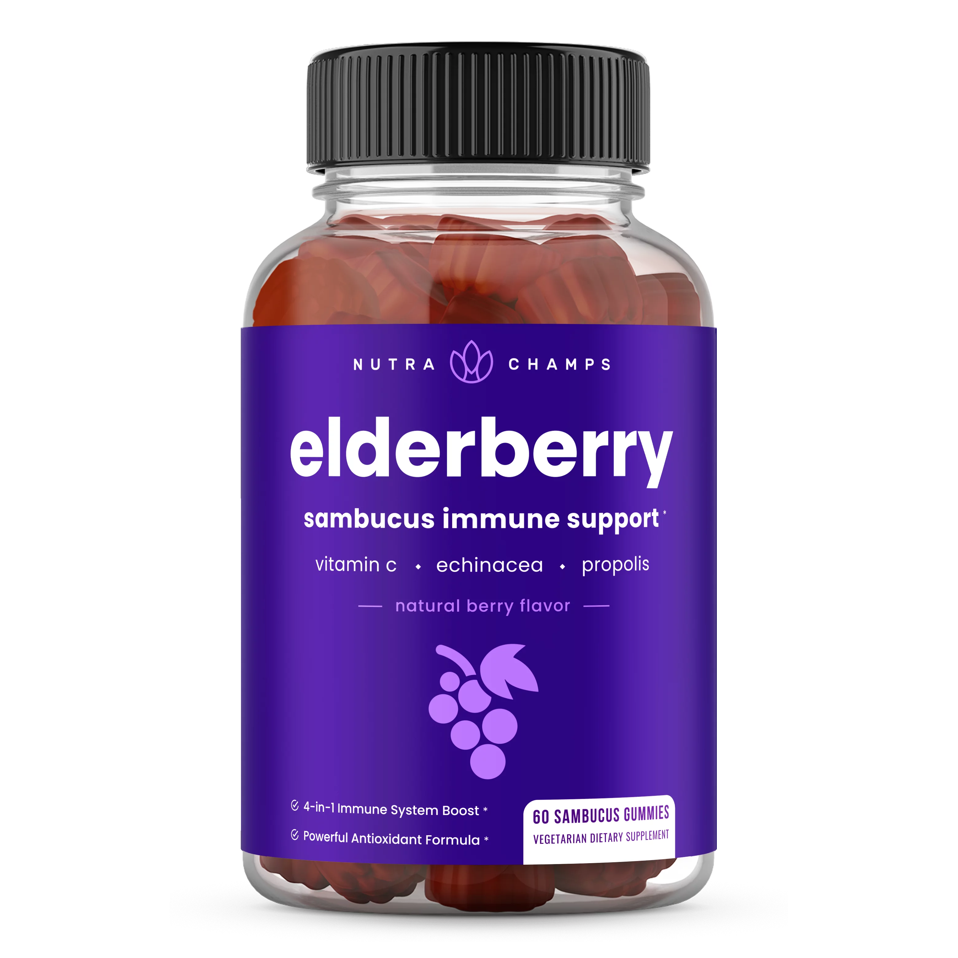 NutraChamps Elderberry Gummies with Vitamin C, Propolis & Echinacea - Immune System Support Gummy Vitamins for Adults & Kids - Max Strength 200mg Sambucus Antioxidant