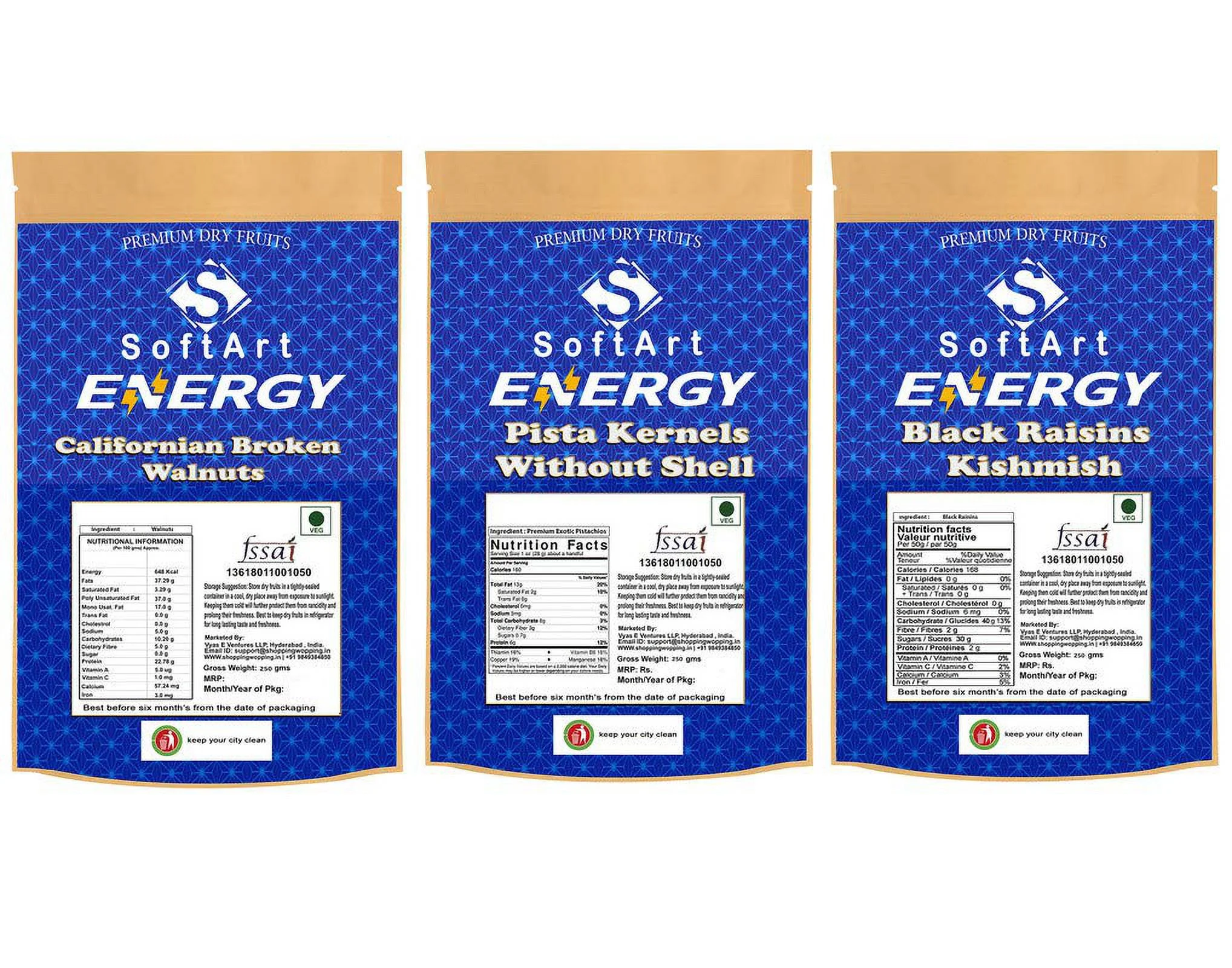 Softart Energy Californian Broken Walnuts, Pistachios Kernels & Black Kishmish (Black Raisins) (250G Each) Vacuum Pack