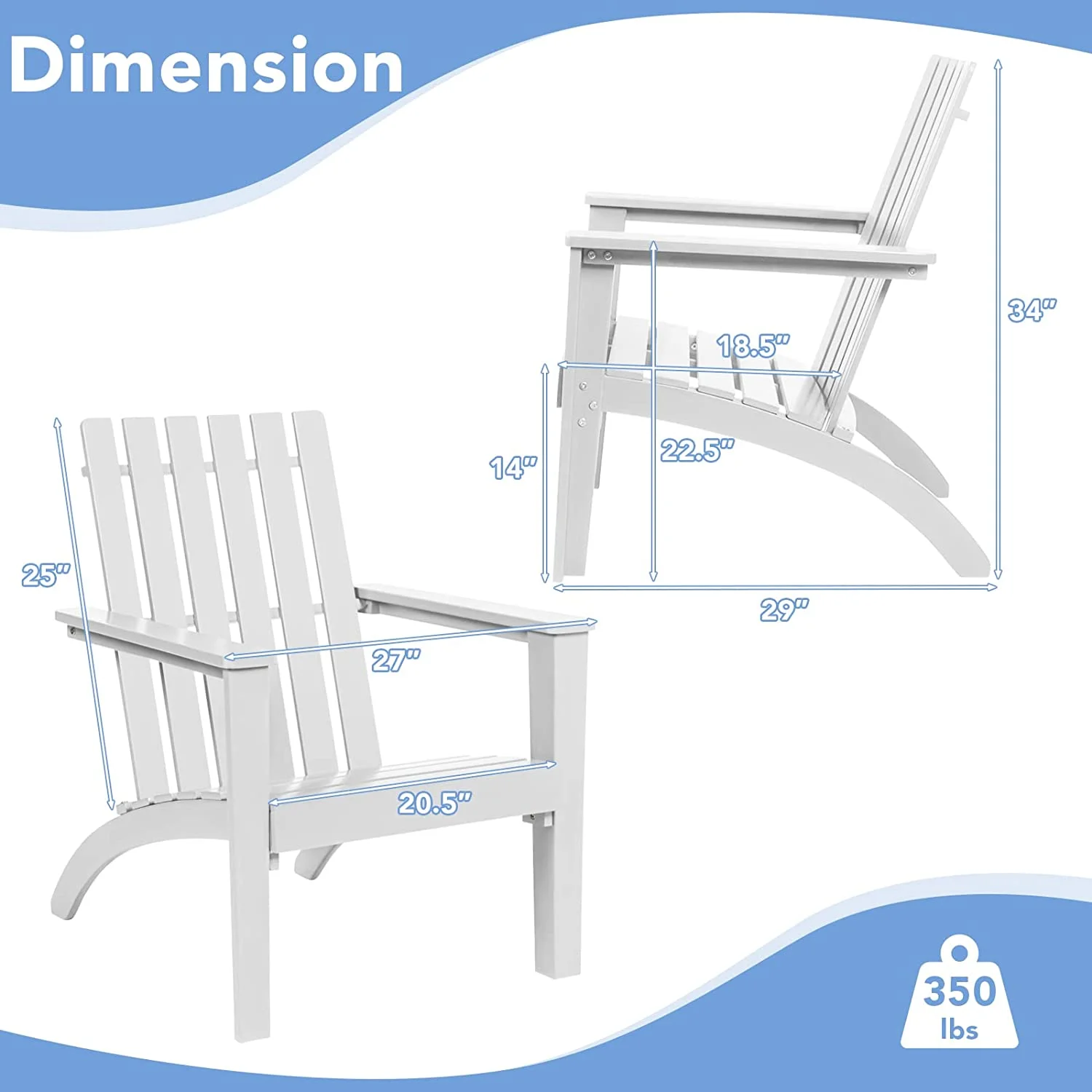 Outdoor Wood Adirondack Chair, Classic Adirondack Deck Lounge Chair w/Ergonomic Design, Acacia Wood Patio Armchair for Poolside Balcony, Yard, Patio, Garden, White