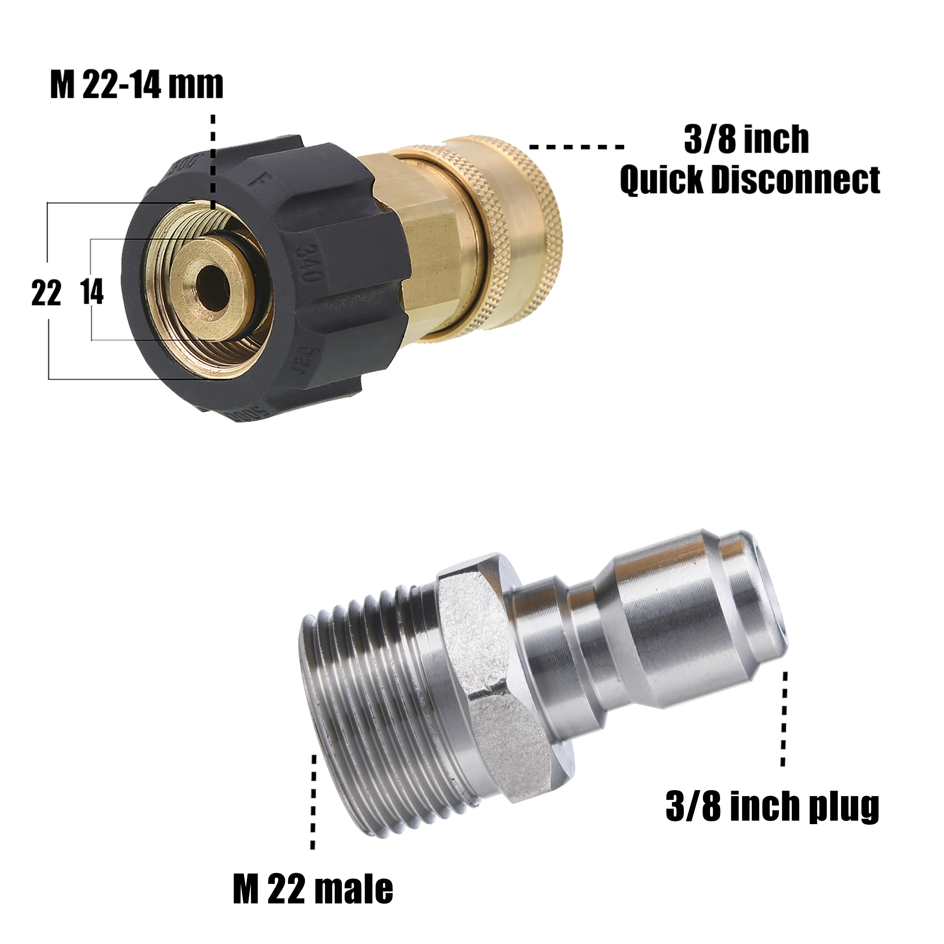 Tool Daily Pressure Washer Adapter, 3/8 inch Quick Connect Kit, M22 14mm to M22 Metric Fitting, 5000 Psi