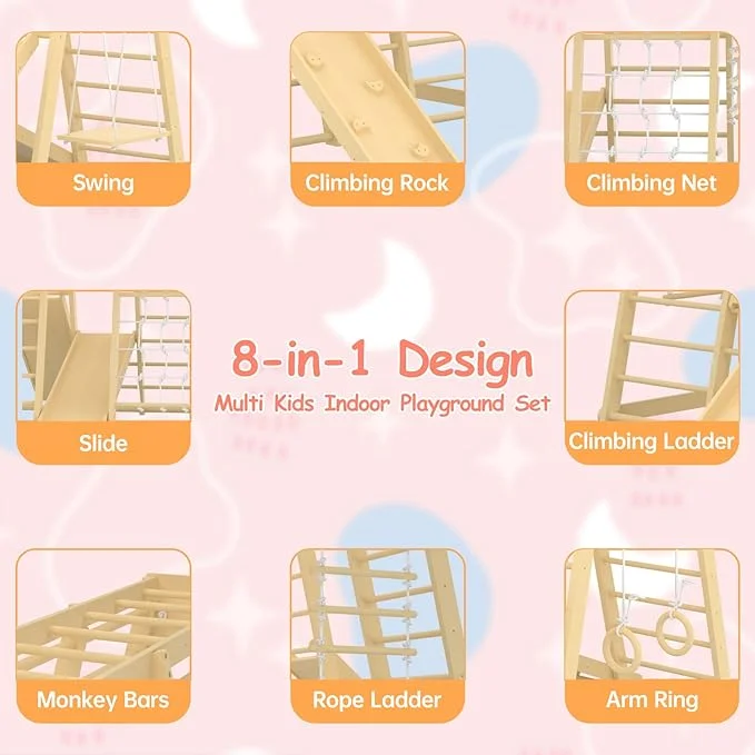 Toddler Climbing Toys Indoor, 66inch Indoor Jungle Gym, 8-in-1 Wooden Indoor Playground Set with Swing, Slide, Rock Climb Wall, Monkey Bars, Wood & Rope Ladder, Rope Wall Ladder for Kids 1-8yrs