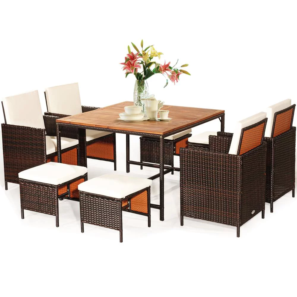 9PCS Patio Rattan Dining Set Cushioned Chairs Ottoman Wood Table Top Outdoor