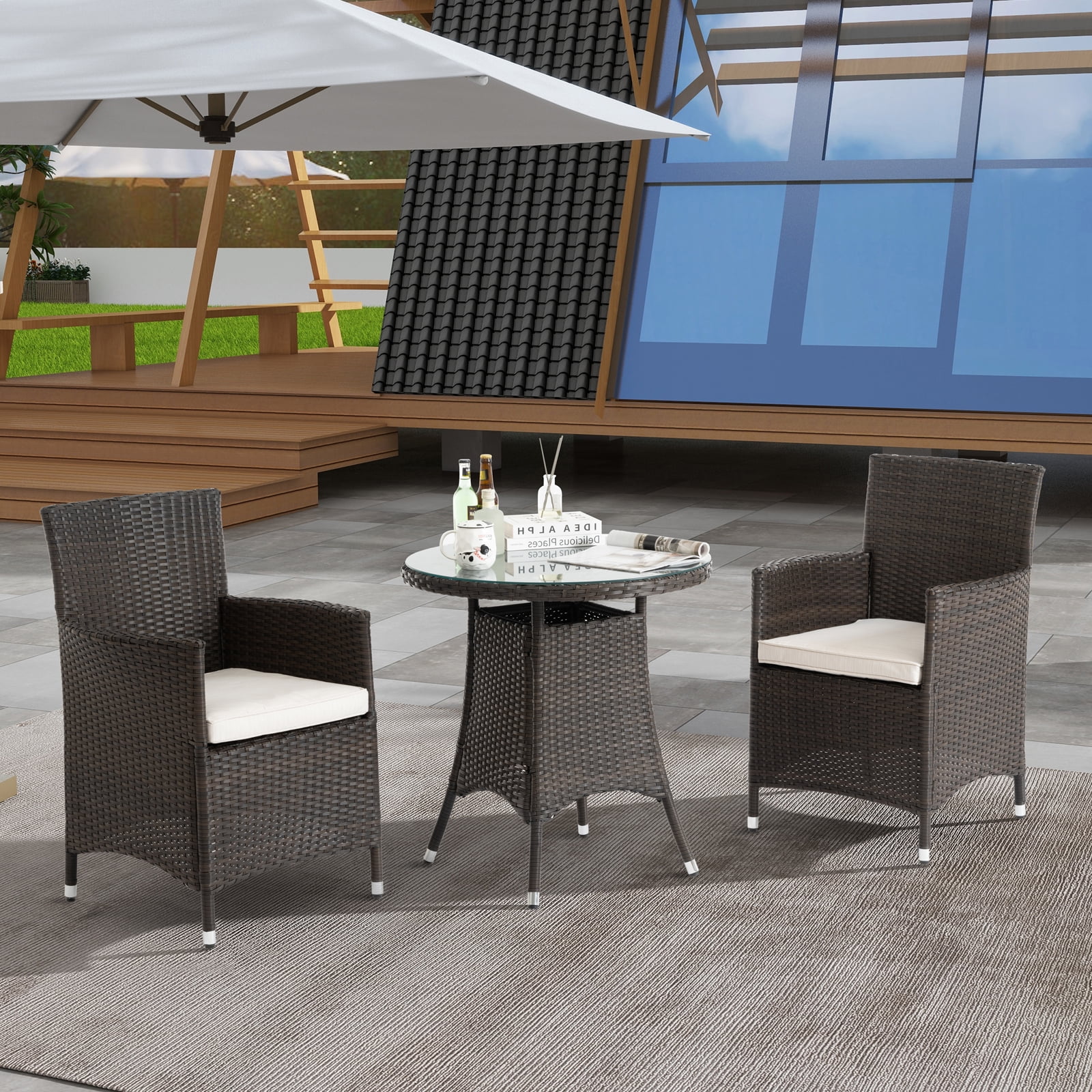 3 Piece Outdoor Dining Set All-Weather Wicker Patio Dining Table and Chairs with Cushions, Round Tempered Glass Tabletop for Patio Backyard Porch Garden Poolside