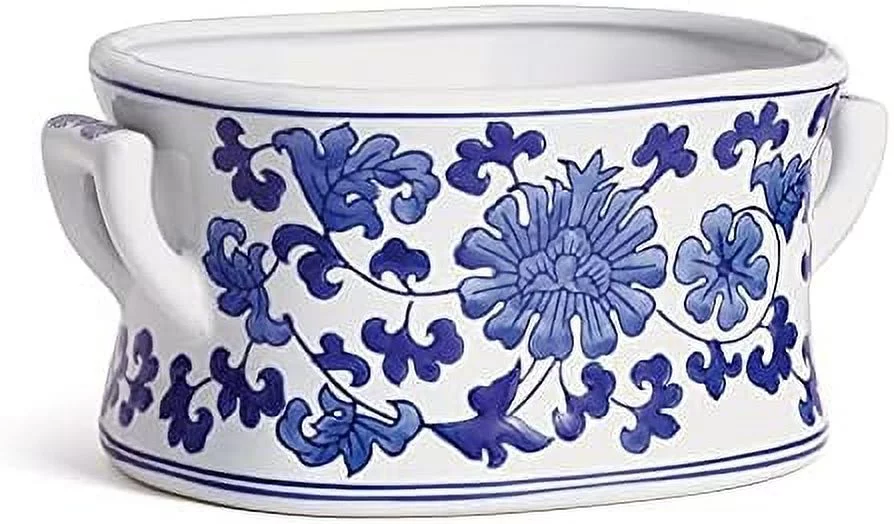 NAPA BB Collection Dynasty Lotus Planter Ceramic, (S), Dust With Dry Cloth., Classic Blue/White, 11.75Inx5.5In
