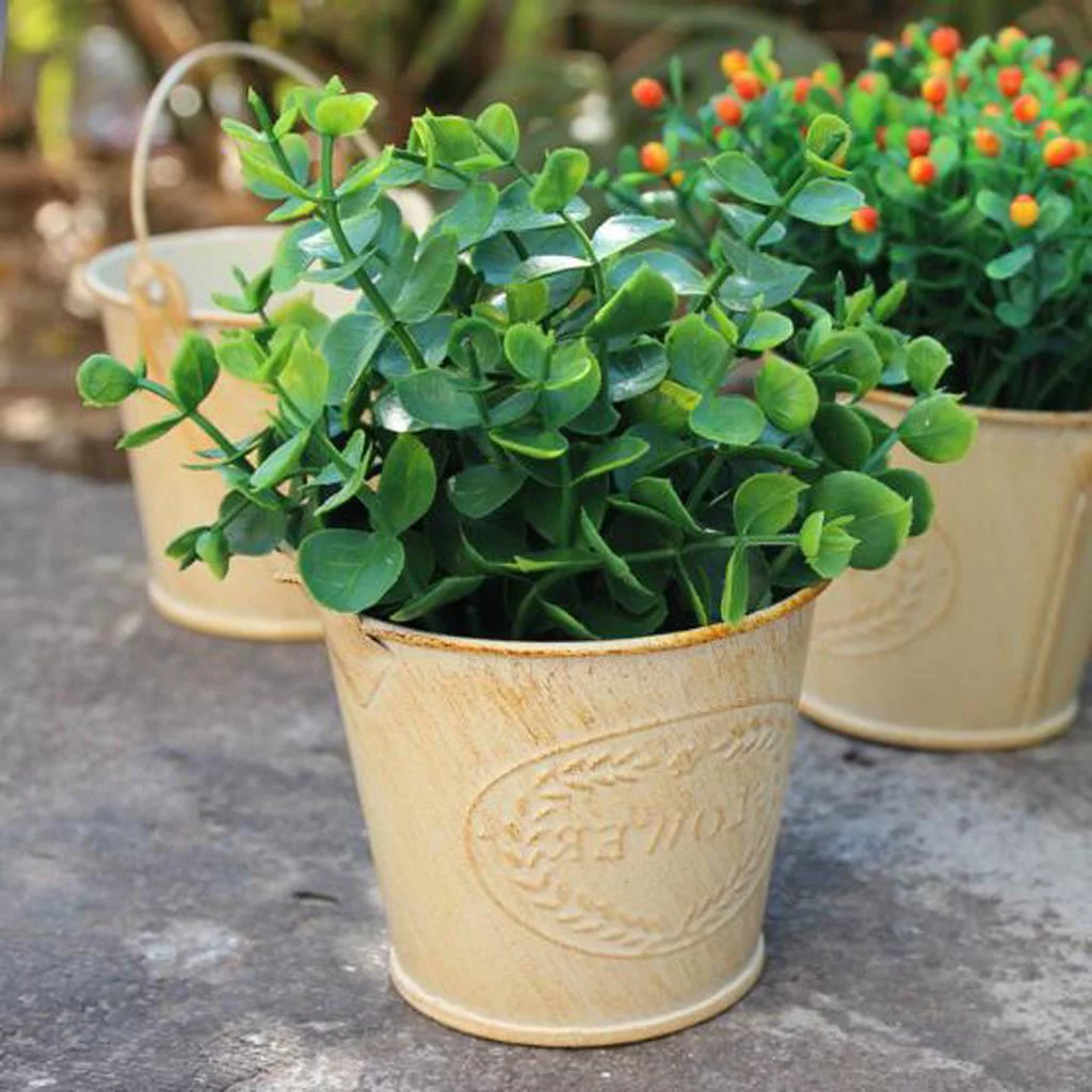 SunniMix 2xVintage Metal Bucket Planter Garden Flower Pot with Handle Decor Ornament , Silver, 2 Pcs