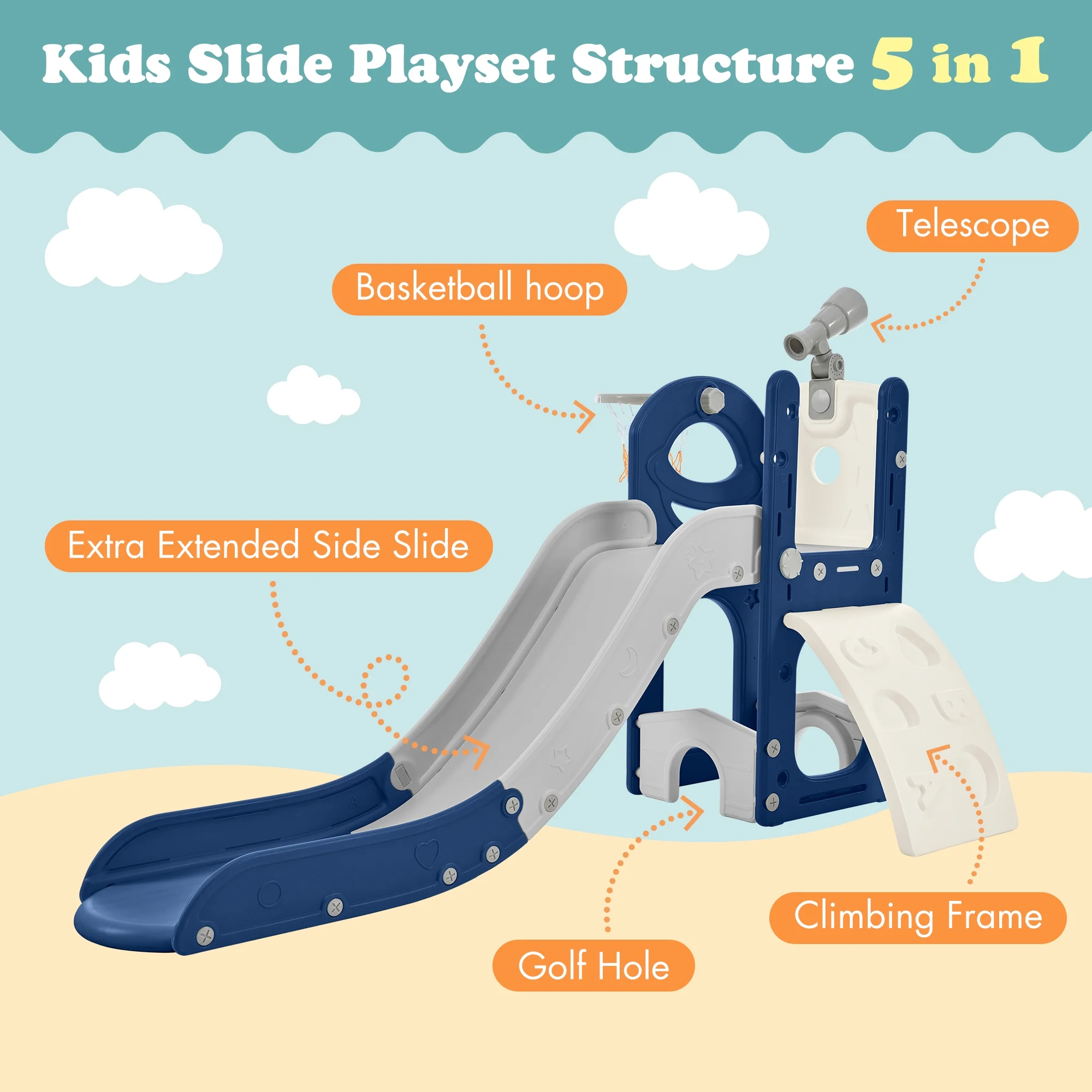 Kids Slide Playset Structure 5 in 1, Freestanding Spaceship Set with Slide, Telescope and Basketball Hoop, Golf Holes for Toddlers, Kids Climbers Playground
