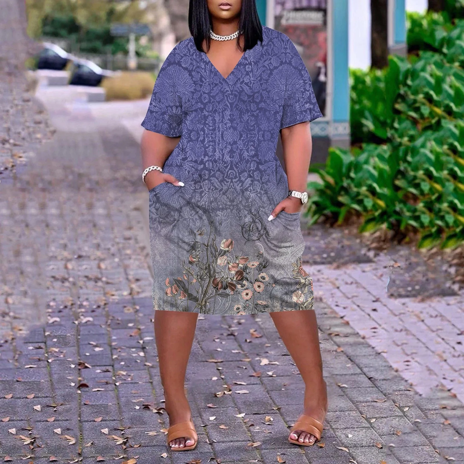 Spring Skirts For Women Women'S Large Size Floral Print V Neck Comfortable Loose Dress Short Sleeved Knee Length Dress With Pockets Skirt Shorts For Women