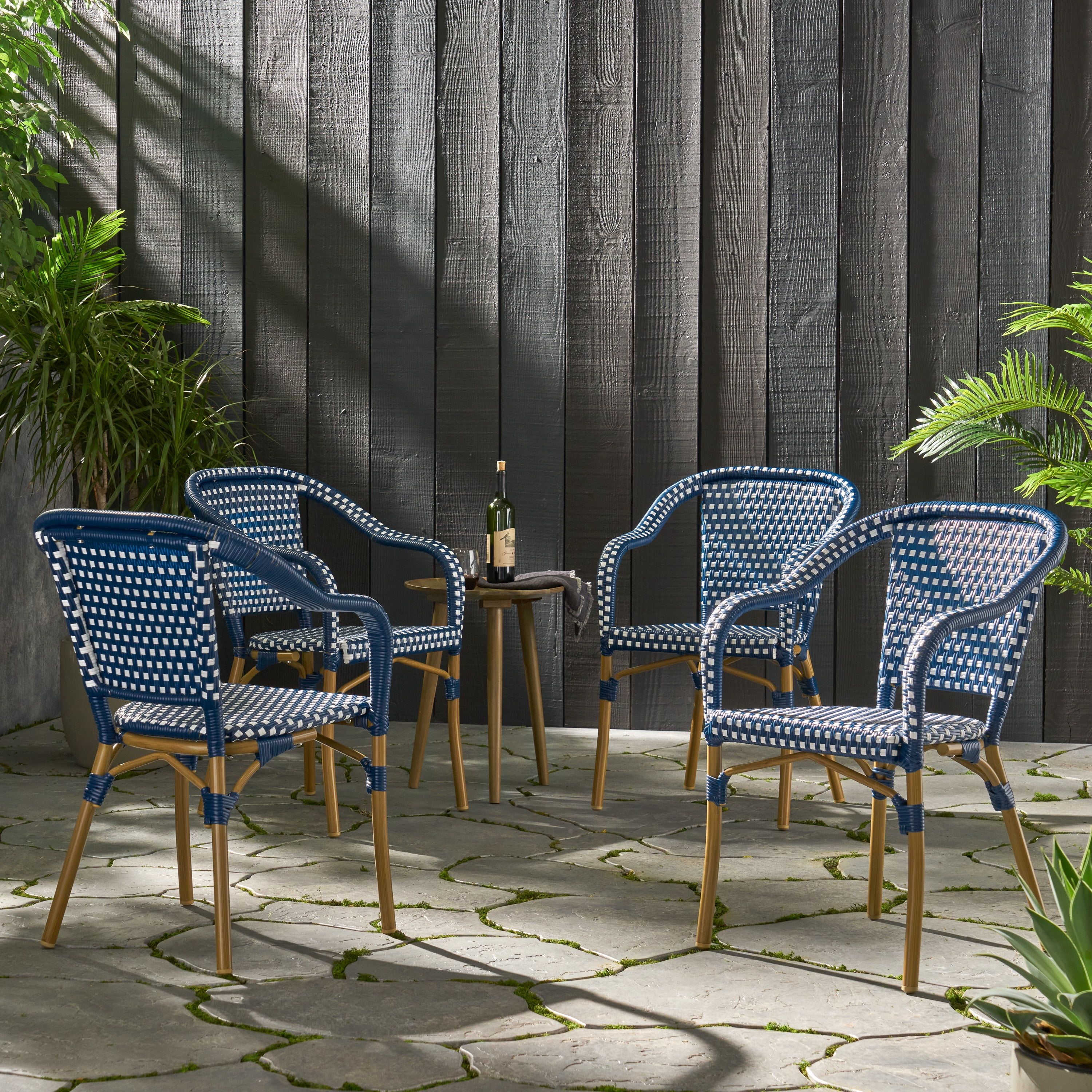 Baton Aluminum and Wicker Outdoor French Bistro Chairs, Set of 4, Navy Blue, White, and Wood Print