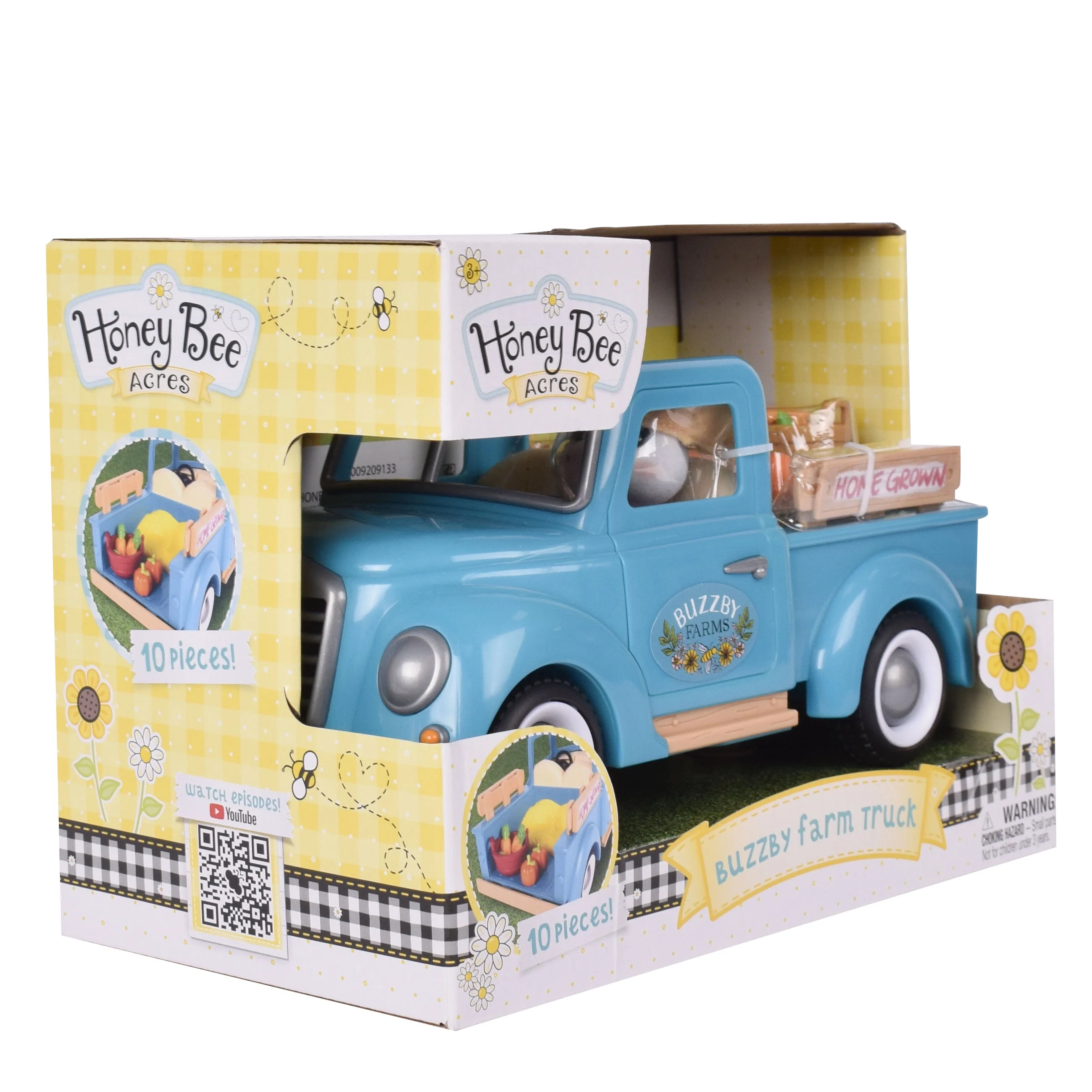 Honey Bee Acres Buzzby Blue Farm Truck with Mini Doll Figure, 10 Pieces, Children Ages 3+