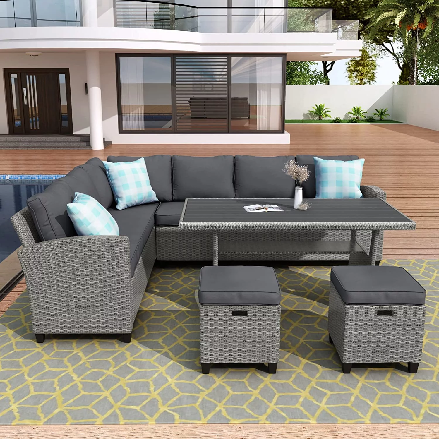 5-Piece Outdoor Patio Furniture Set Wicker Rattan Conversation Sectional Sofa with Dining Table Chair with Ottoman and Throw Pillows for Backyard  Grey  Gray