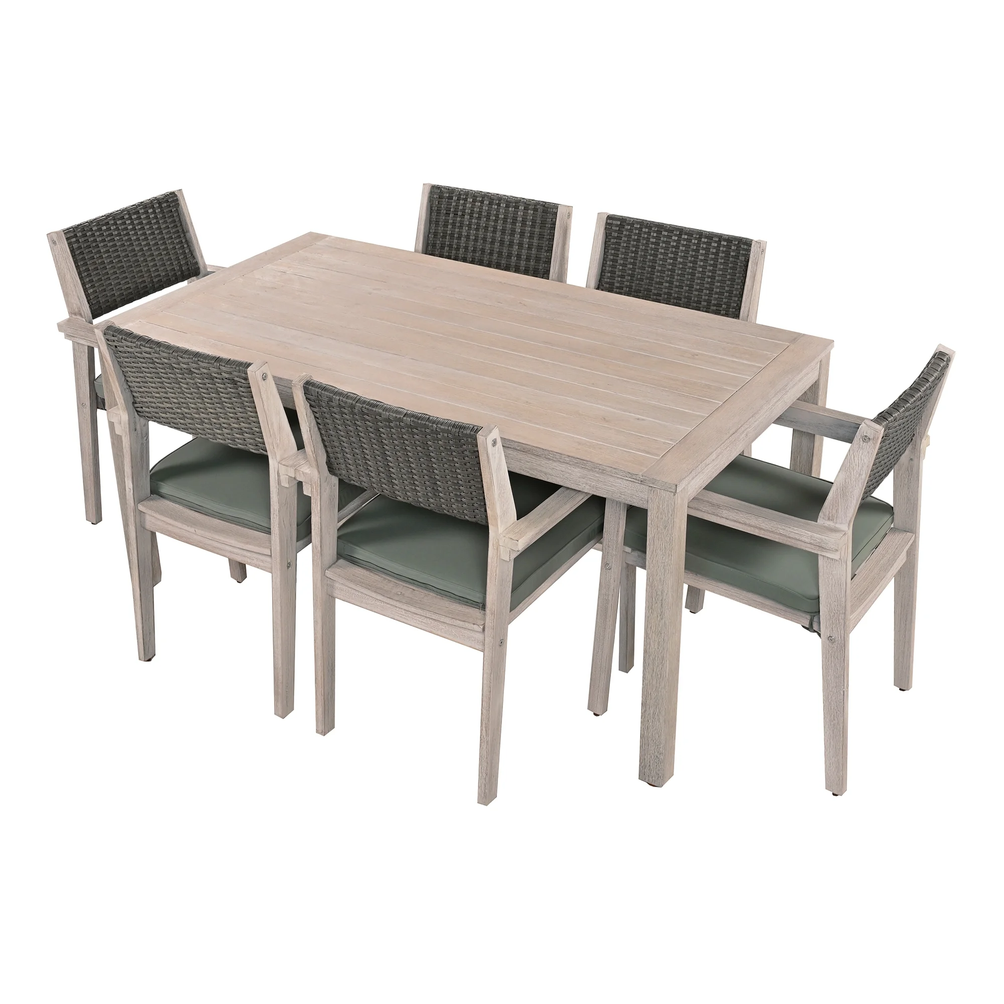 Outdoor Dining Set Patio Dining table and Chairs with Rattan Backrest and Removable Cushions for Patio and Backyard, White Washed