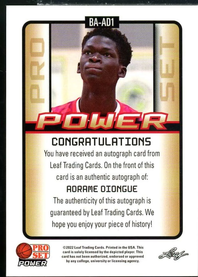 Adrame Diongue Rookie Card 2021-22 Leaf Pro Set Power Black #BAAD1