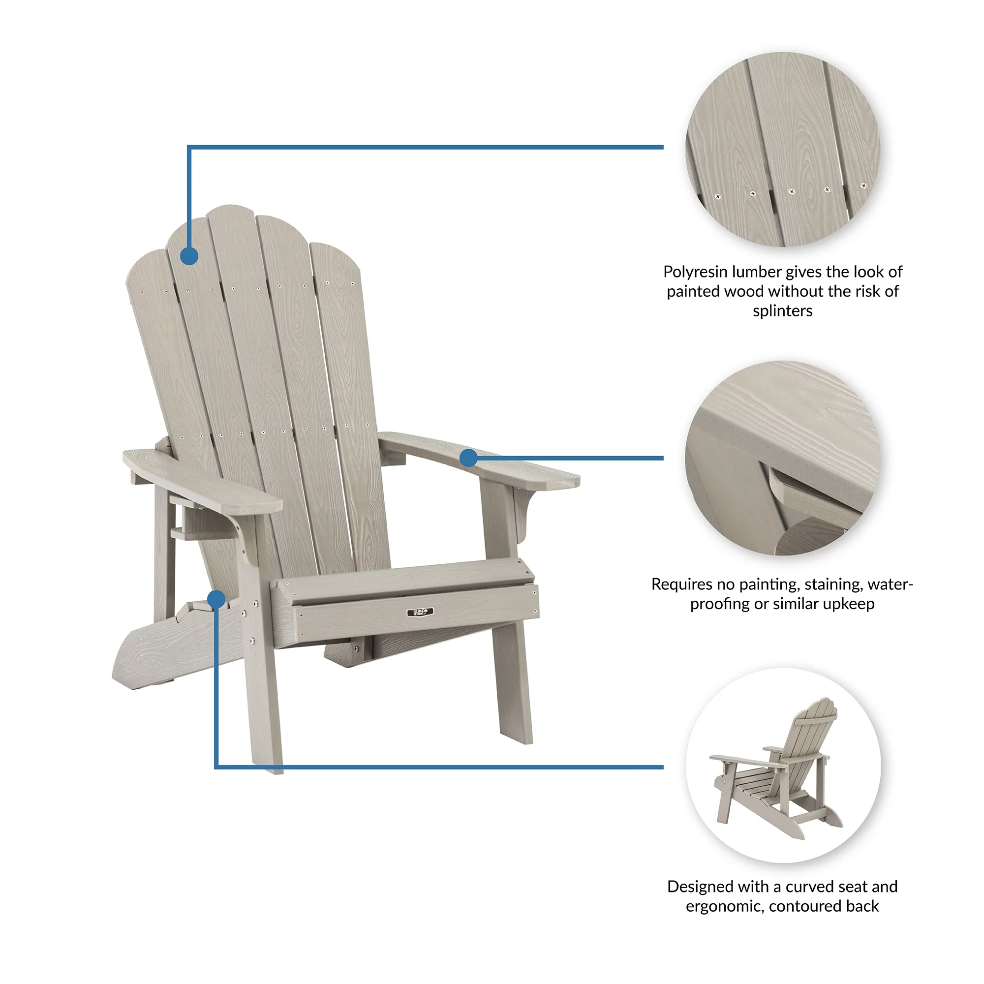 Blue Wave  EZ-Care Tek-Wood Adirondack Chair, Slate Gray - 37 x 30.7 x 41.7 in.
