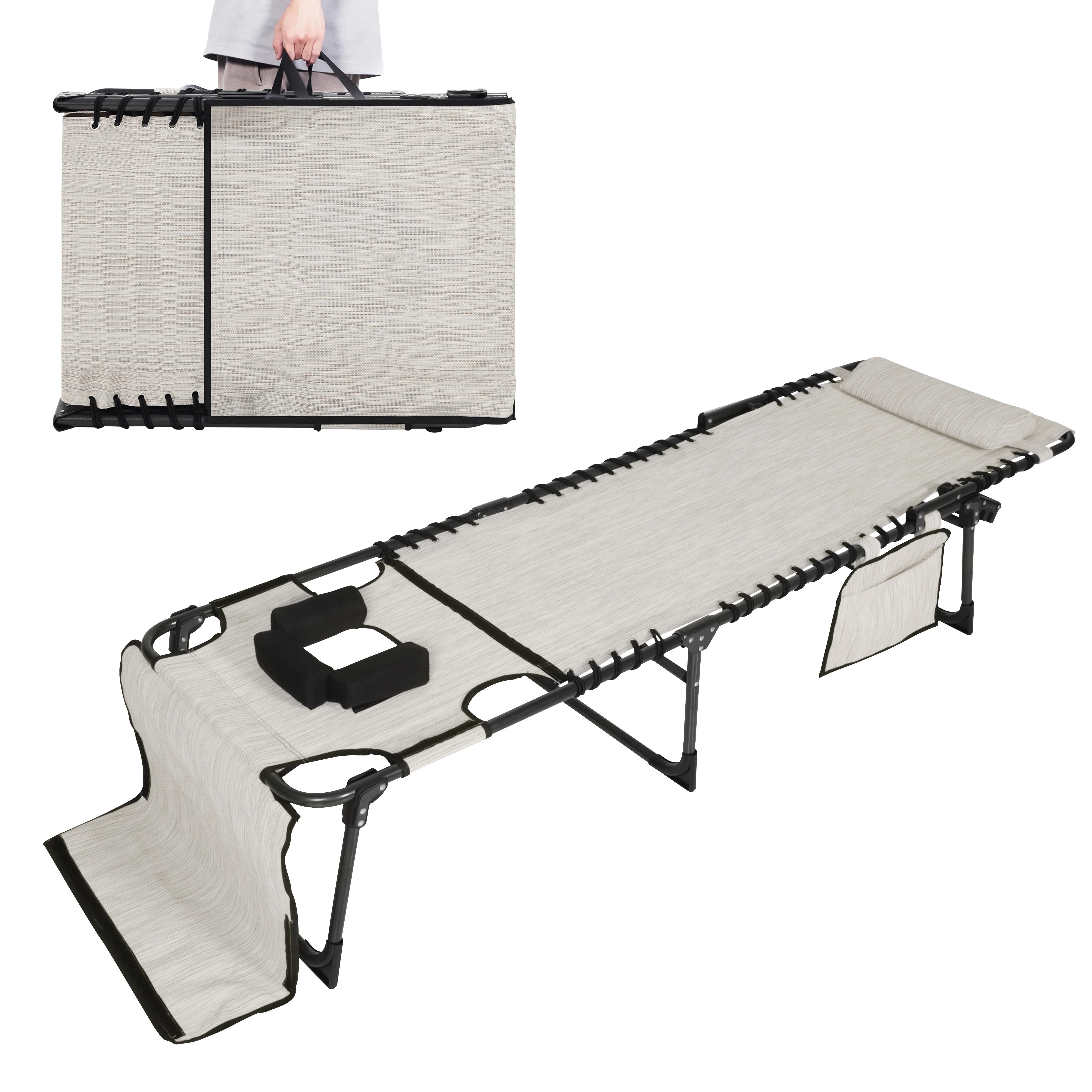 VEIKOUS Tanning Chair, 5-Position Adjustable Sunbath Lounge Chair w/Face & Arm Hole, Pillow & Pocket, Cream White