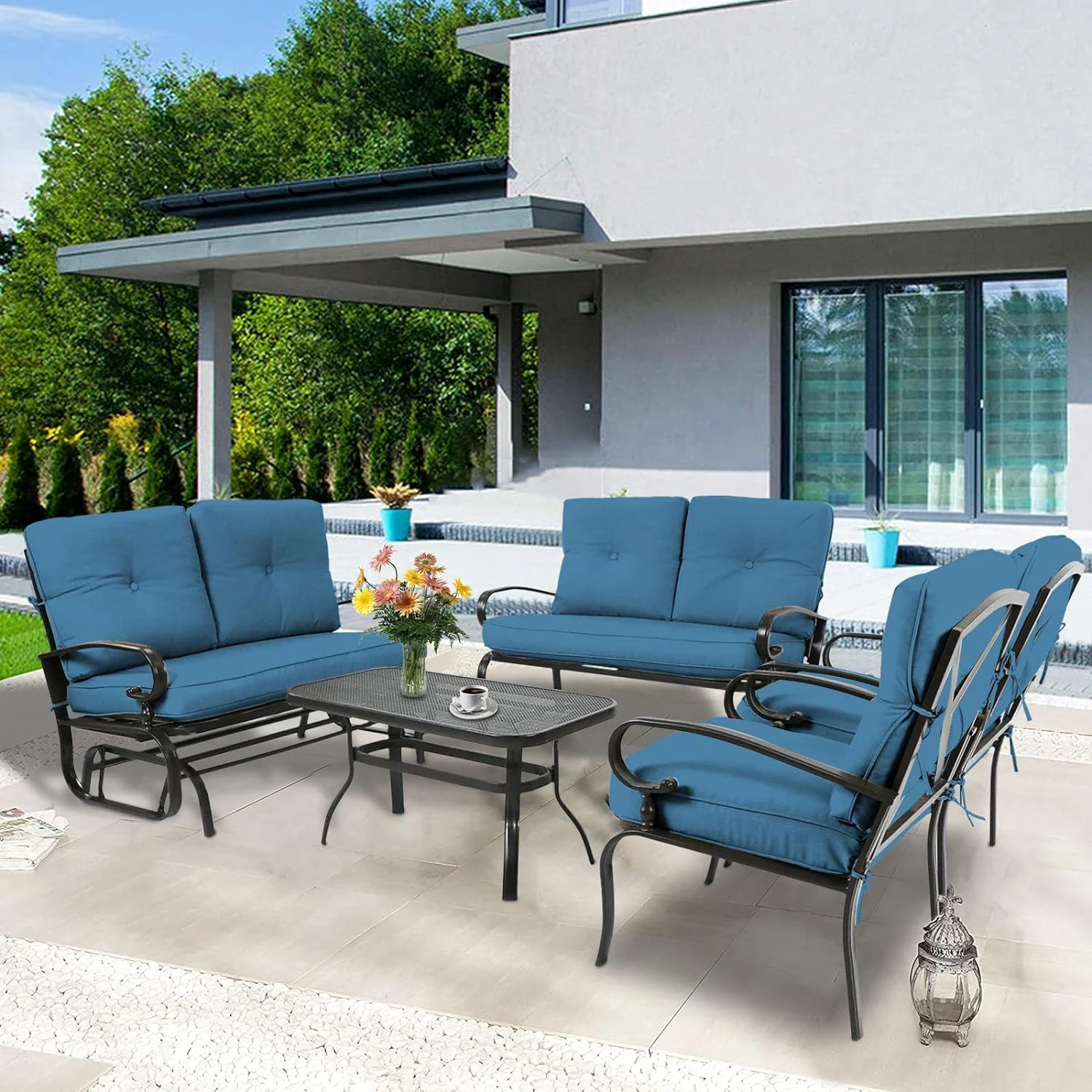 Dina Metal Outdoor Furniture Set 5Pcs (6 Seats) Wrought Iron Patio Conversation Sets (Glider Chair  Loveseat  Coffee Table  2 Chairs) with Peacock Blue Cushion