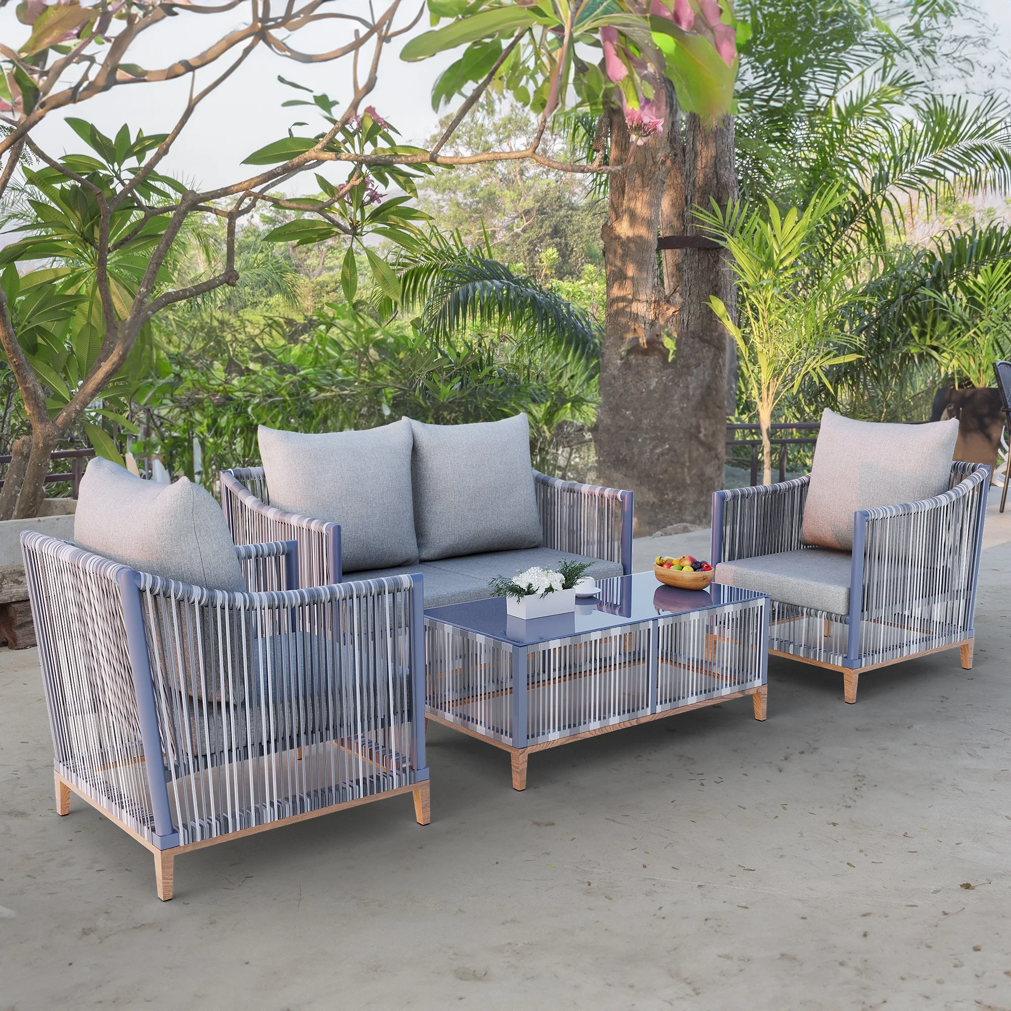 Dextrus 4-Piece Patio Furniture Wicker Outdoor Bistro Set, All-Weather Rattan Conversation Loveseat Sofa Chairs for Backyard, Balcony and Deck with Soft Cushions and Coffee Table (Gray+Blue)