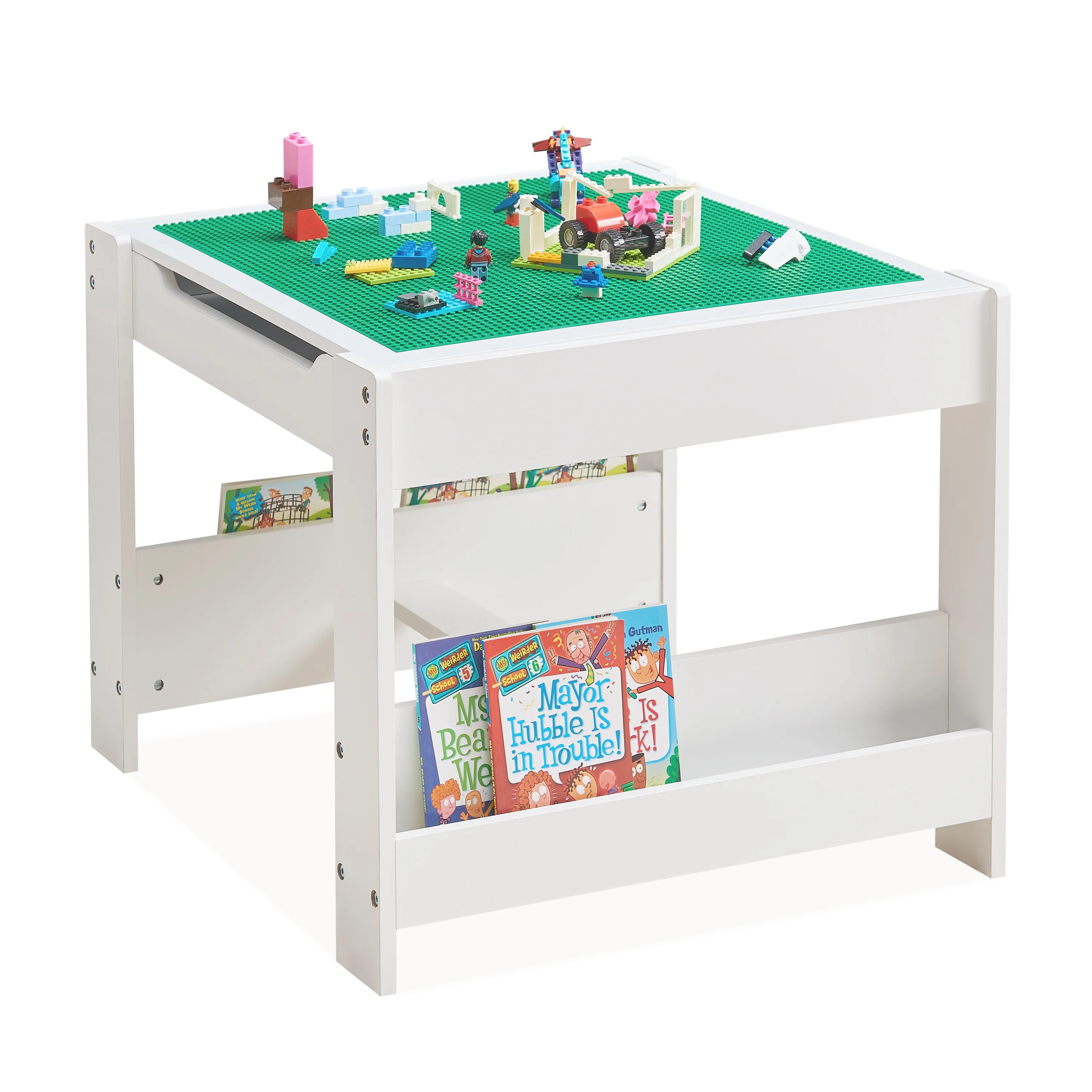 4 in 1 Kids Wooden Activity Table with Bookshelves, 2 in 1 Detachable Tabletop Construction Play Table for Toddlers Drawing, Reading, Crafts, Build Blocks
