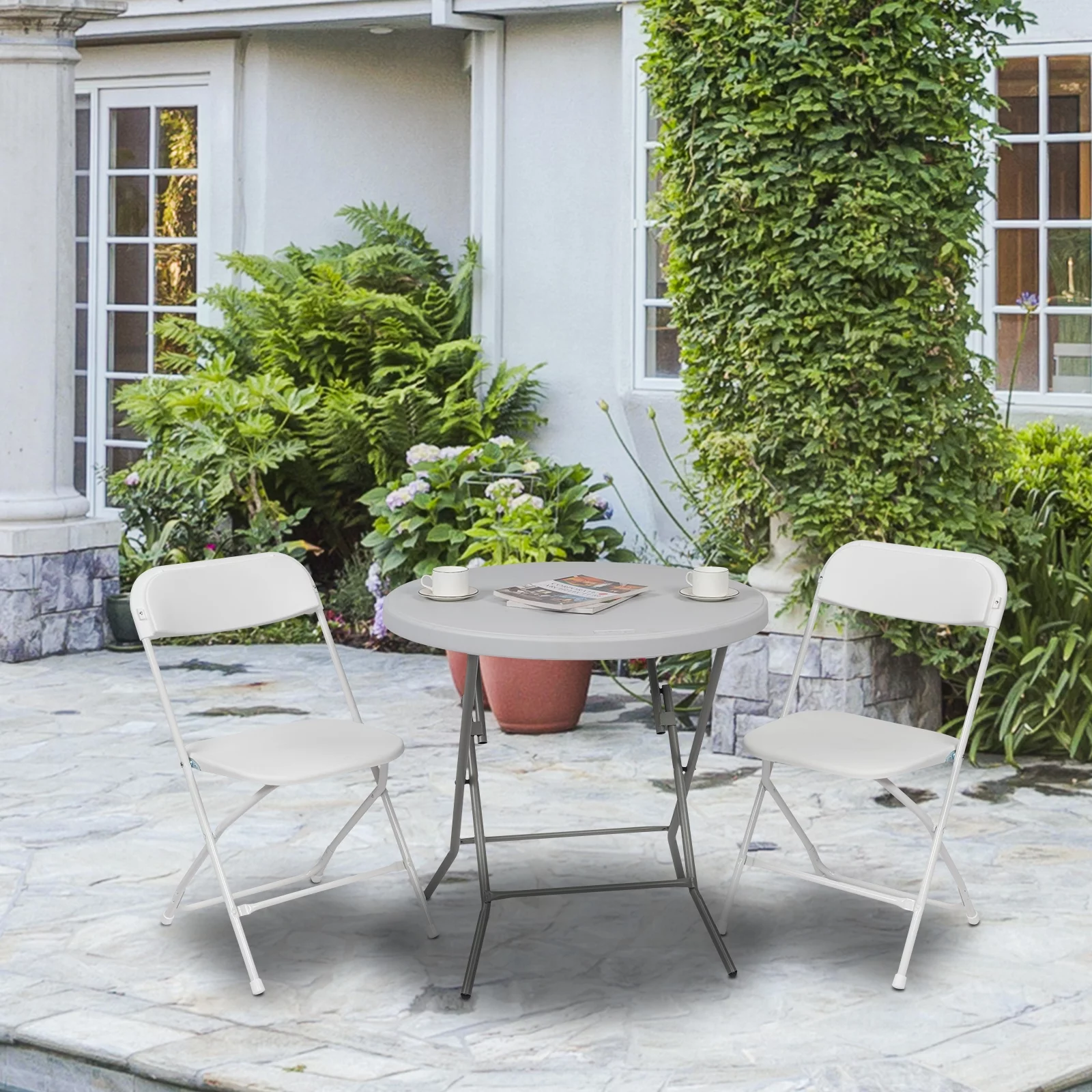 6-Piece White Classic Garden Plastic Folding Chair Set with Injection Molding Technology