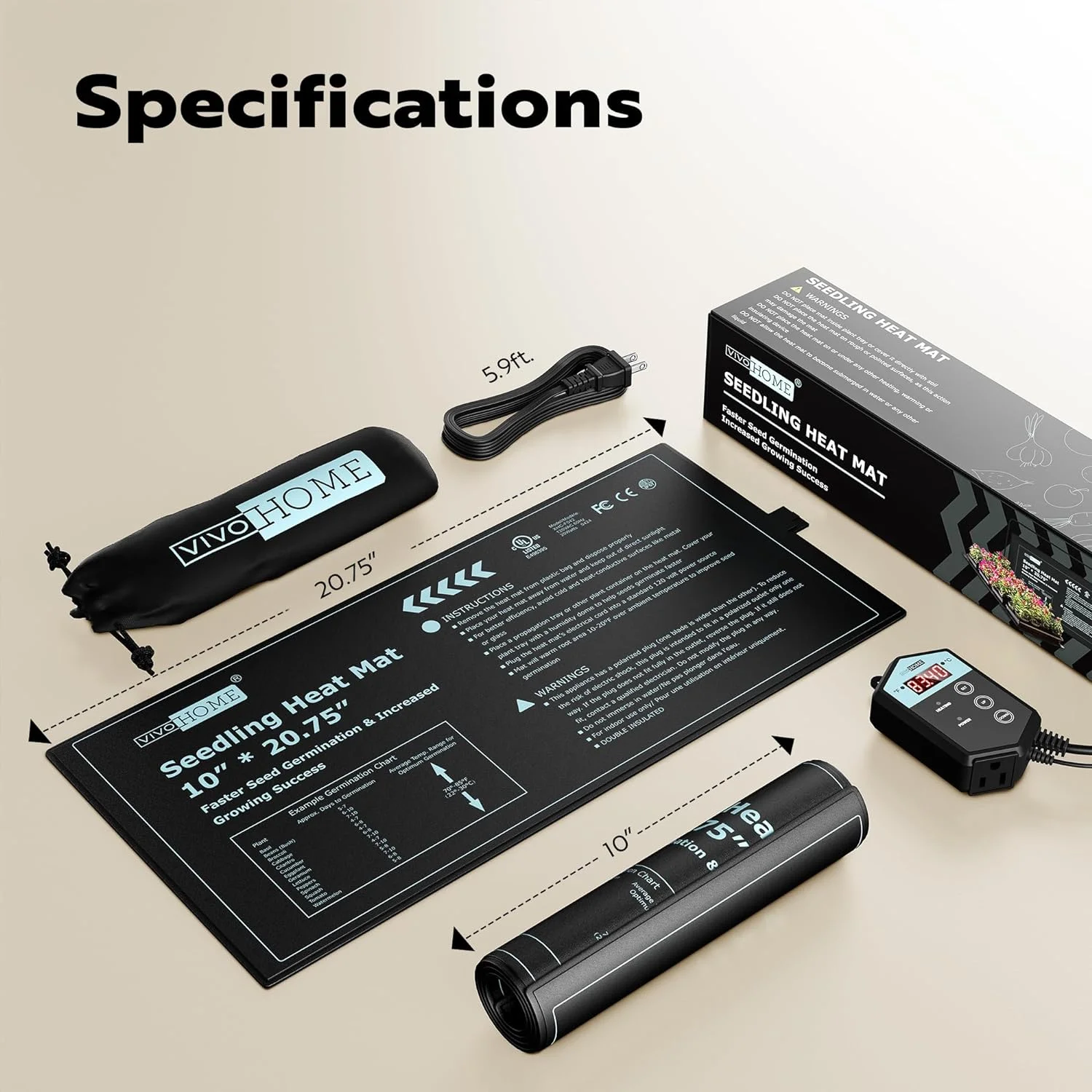 VIVOHOME 10 Inch x 20.75 Inch Waterproof Seedling Heat Mat and 40-108°F Digital Thermostat Controller Combo Set MET Certified