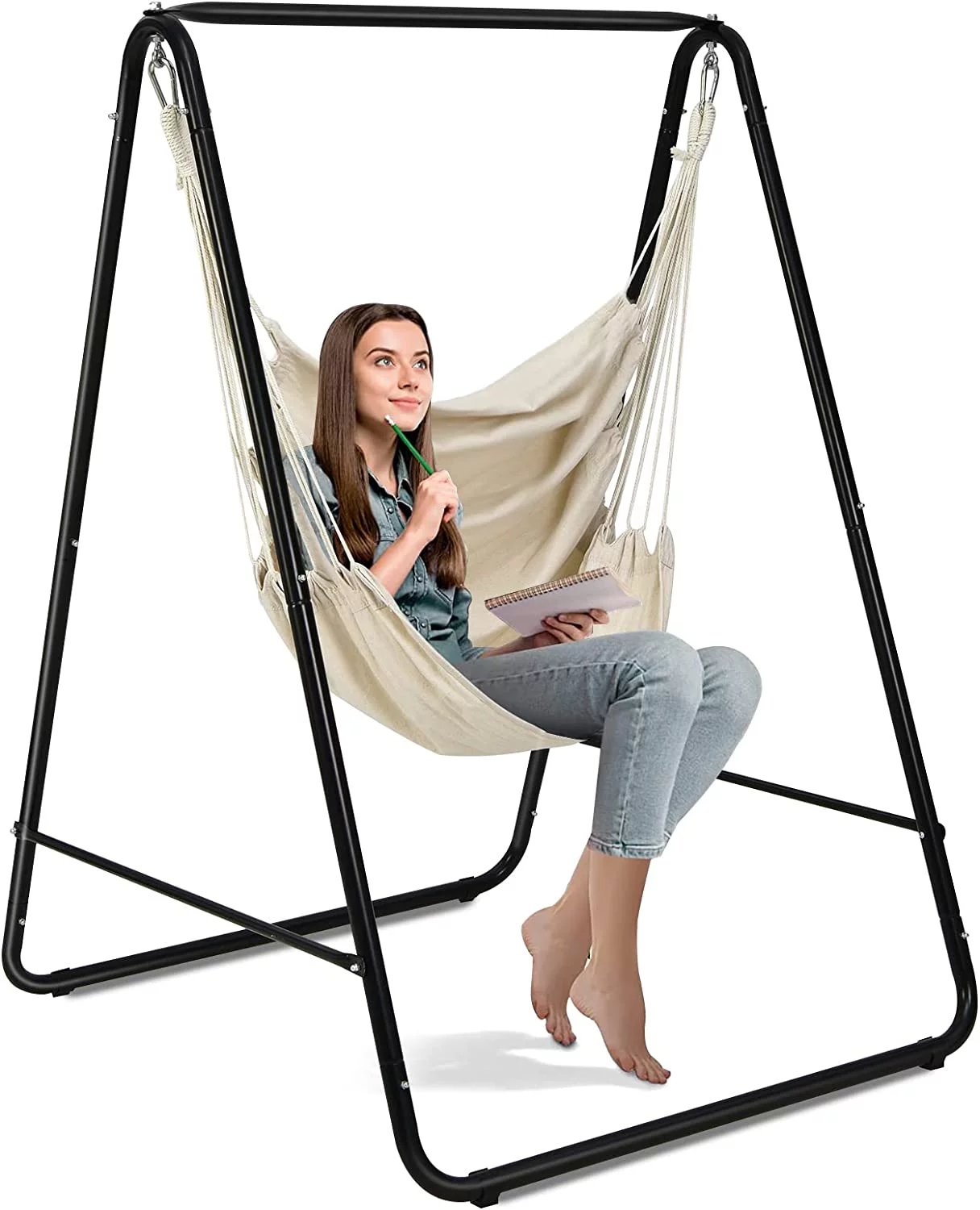 Hammock Chair with Stand, Heavy-Duty Powder-Coated Steel Stand with Hanging Swing, for Outside, Patio, Backyard, Beige