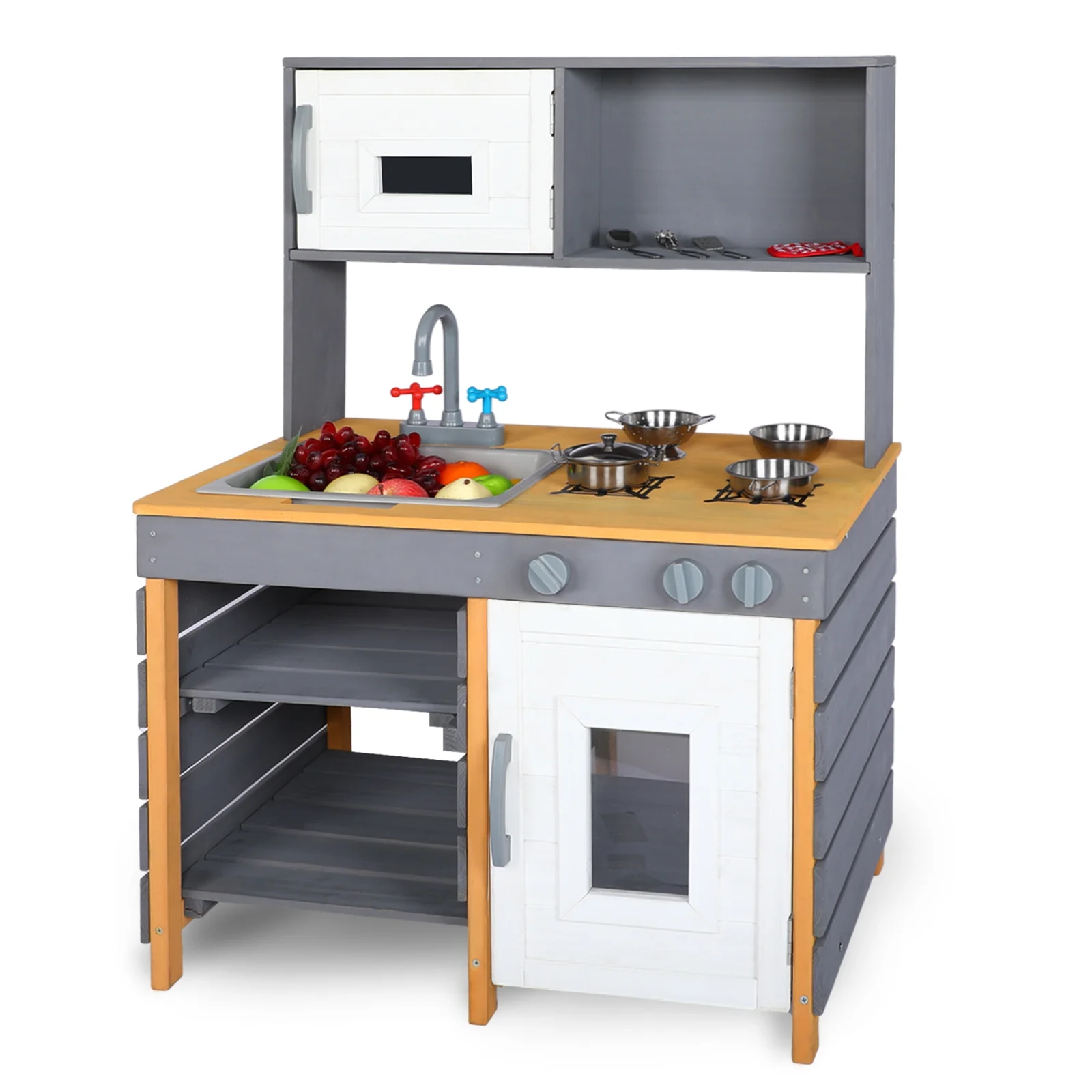 Wooden Play Kitchen for Kids Toddlers,Kids Mud Kitchen Playset with Cooking Stove,Removable Sink,Storage Cabinets,pots,Indoor/Outdoor Pretend Kitchen Sets,Toy Kitchen Gifts for Boys and Girls Ages 3+