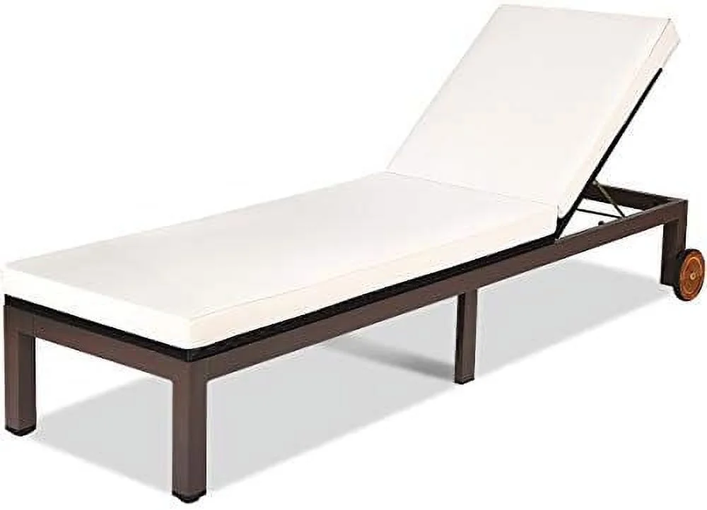 DSZBNUIO Patio Chaise Lounge Chair Outdoor Rattan Lounger Recliner Chair Adjustable Position Folding Wicker Lounge Chair with Cushion & Wheels for Garden Patio Poolside