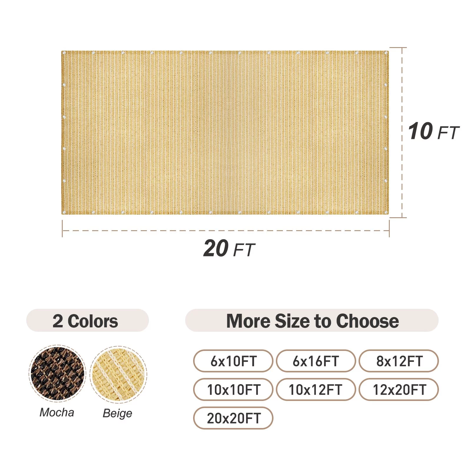 90% 10'x20'Beige Sunblock Shade Cloth Taped Edge Grommets Garden Flower Plant, Greenhouse