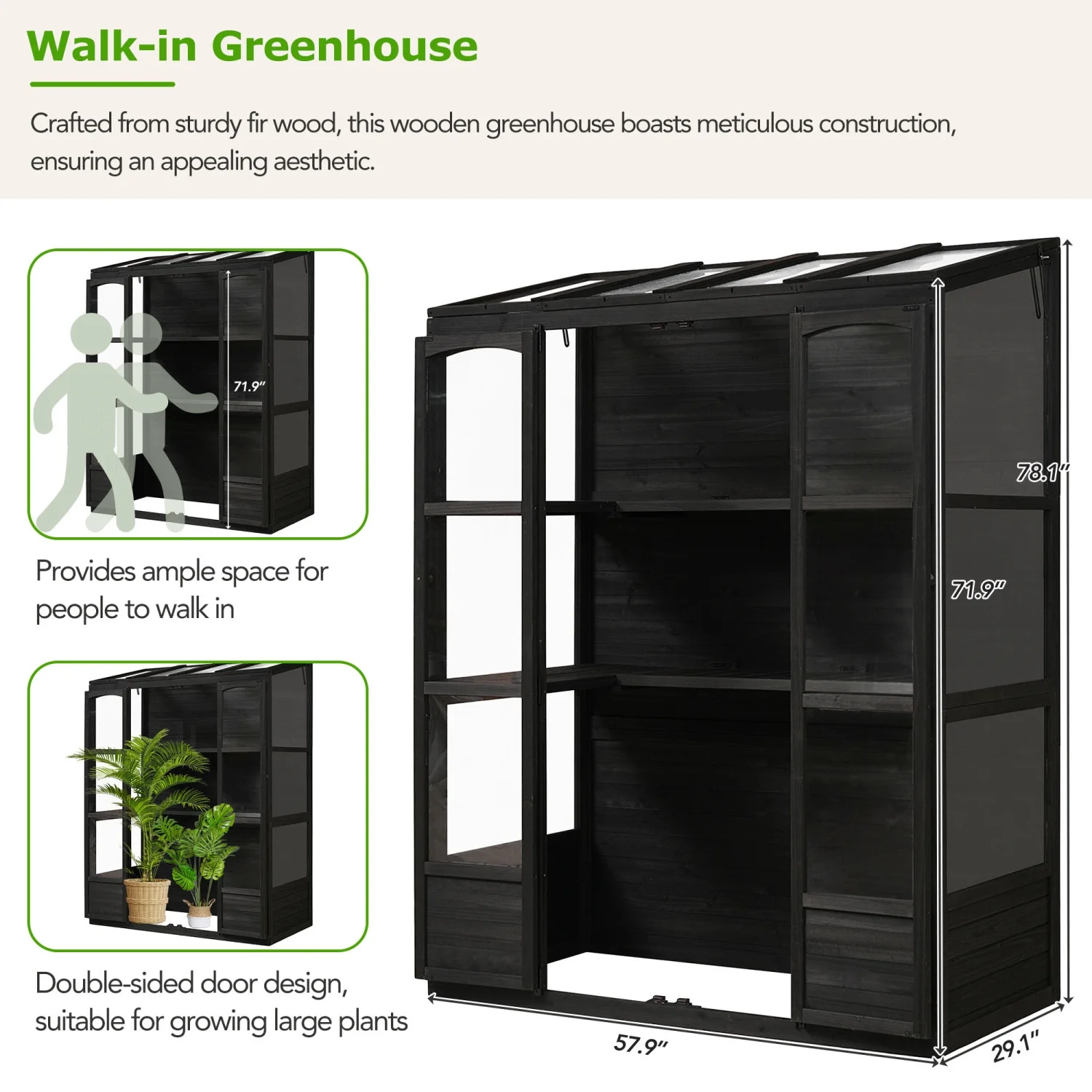 Stylish TOPMAX 78-inch Wooden Greenhouse with 4 Independent Skylights and 2 Folding Middle Shelves for Your Garden - Walk-in Outdoor Greenhouse in Elegant Black Color
