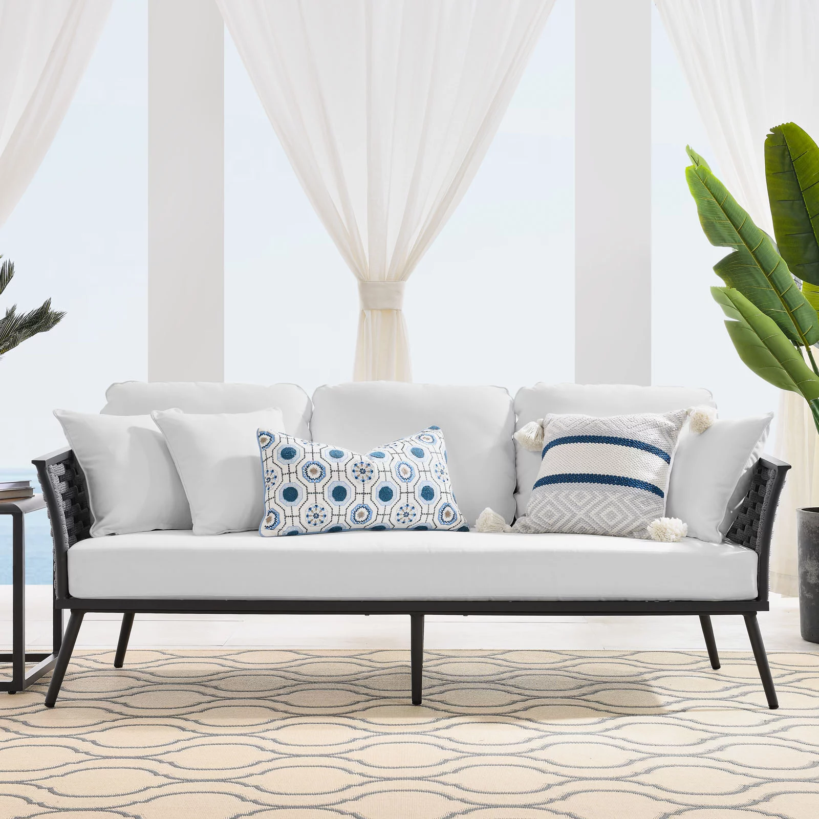 Lounge Sofa, White, Aluminum, Metal, Fabric, Modern Contemporary, Outdoor Patio Balcony Cafe Bistro Garden Furniture Hotel Hospitality