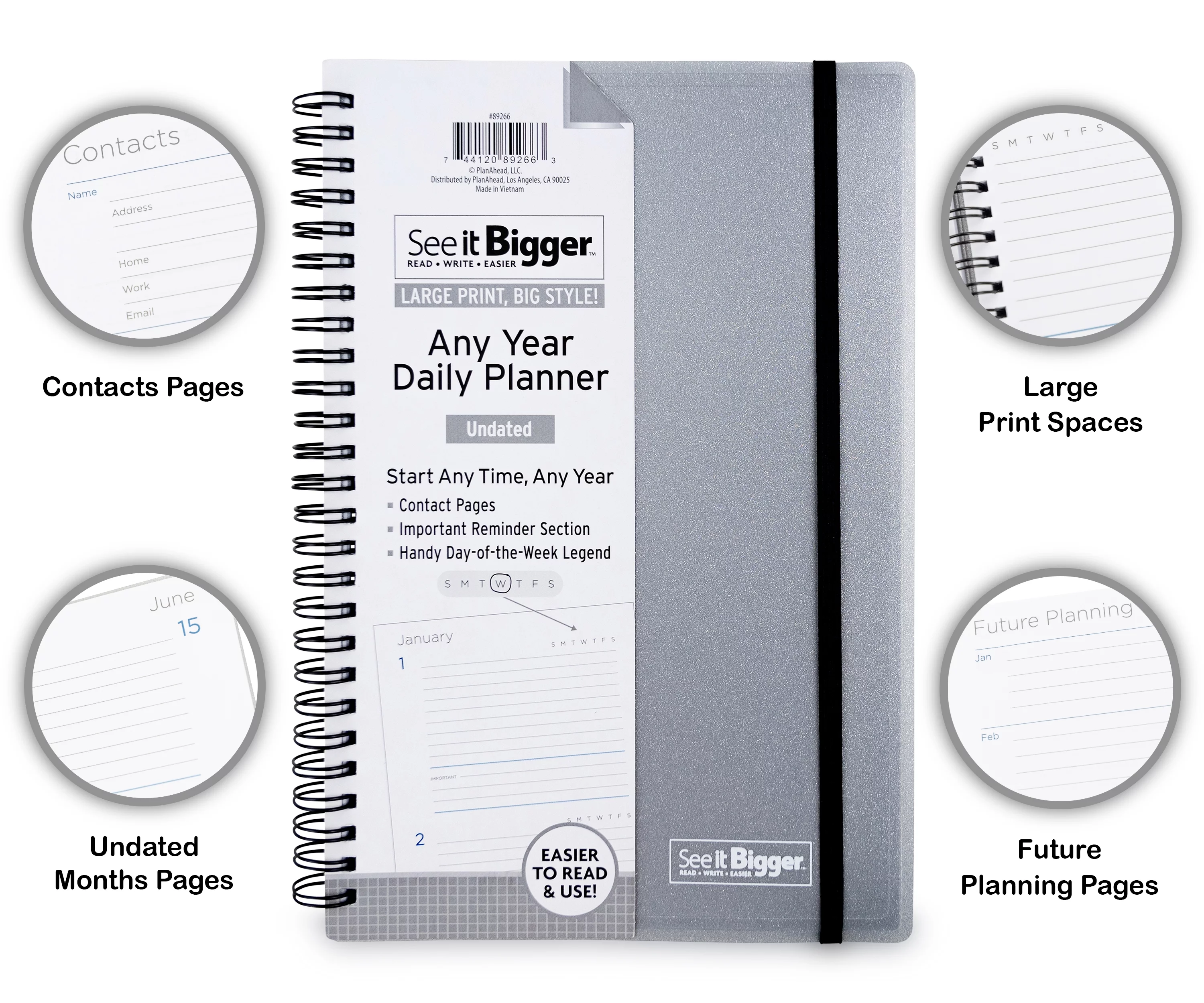 See It Bigger Undated Daily Planner (9.25 x 6.25) Gray